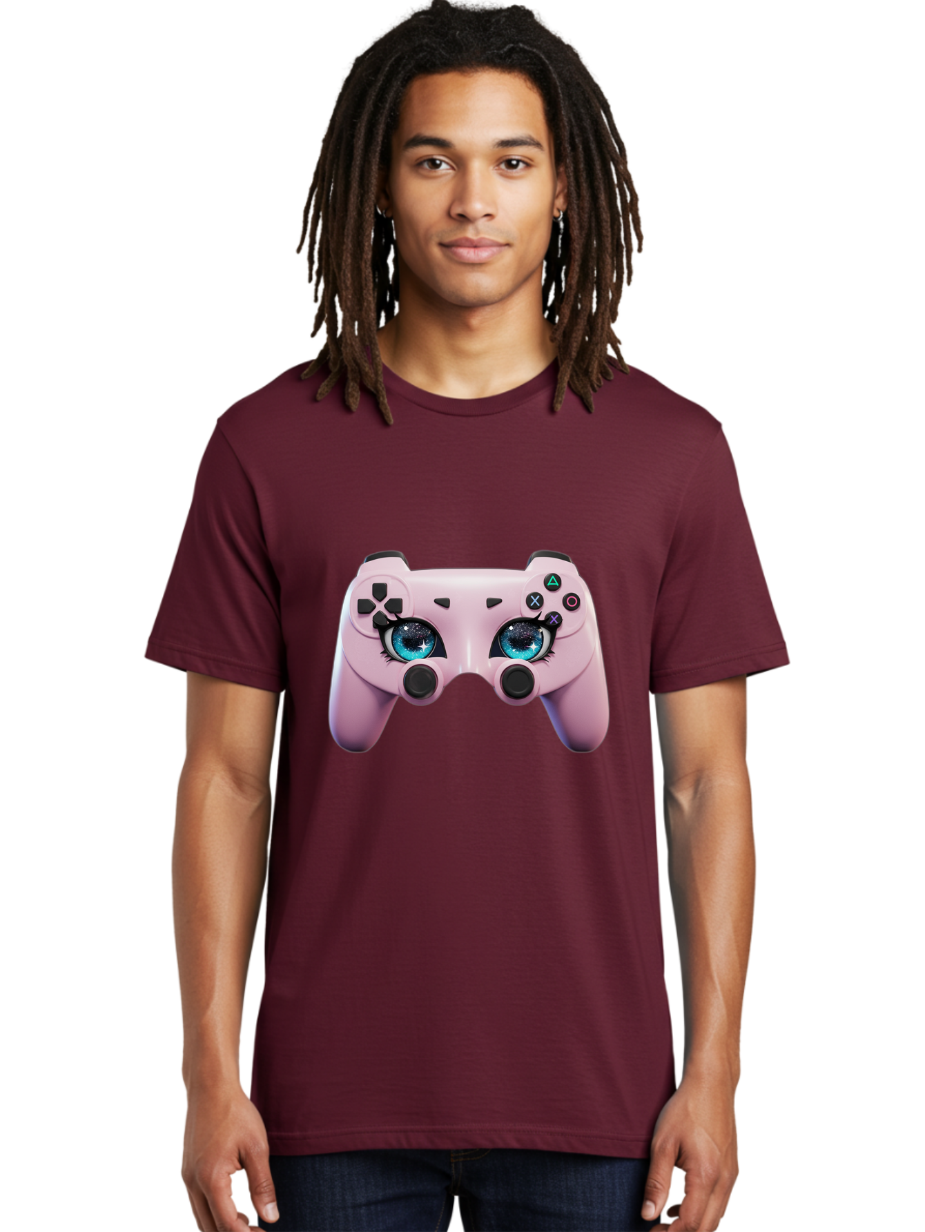 Ps4-Controller Men'S Graphic Tee, 100% Cotton, Comfortable Casual Summer Wear, Machine Washable, Pastel Pink Controller, Kawaii Gaming, Blue Eyes, Eyelashes, Ps4, Gaming, Kawaii Art, Pastel Colors, Cartoon Style, Video Game Bad455