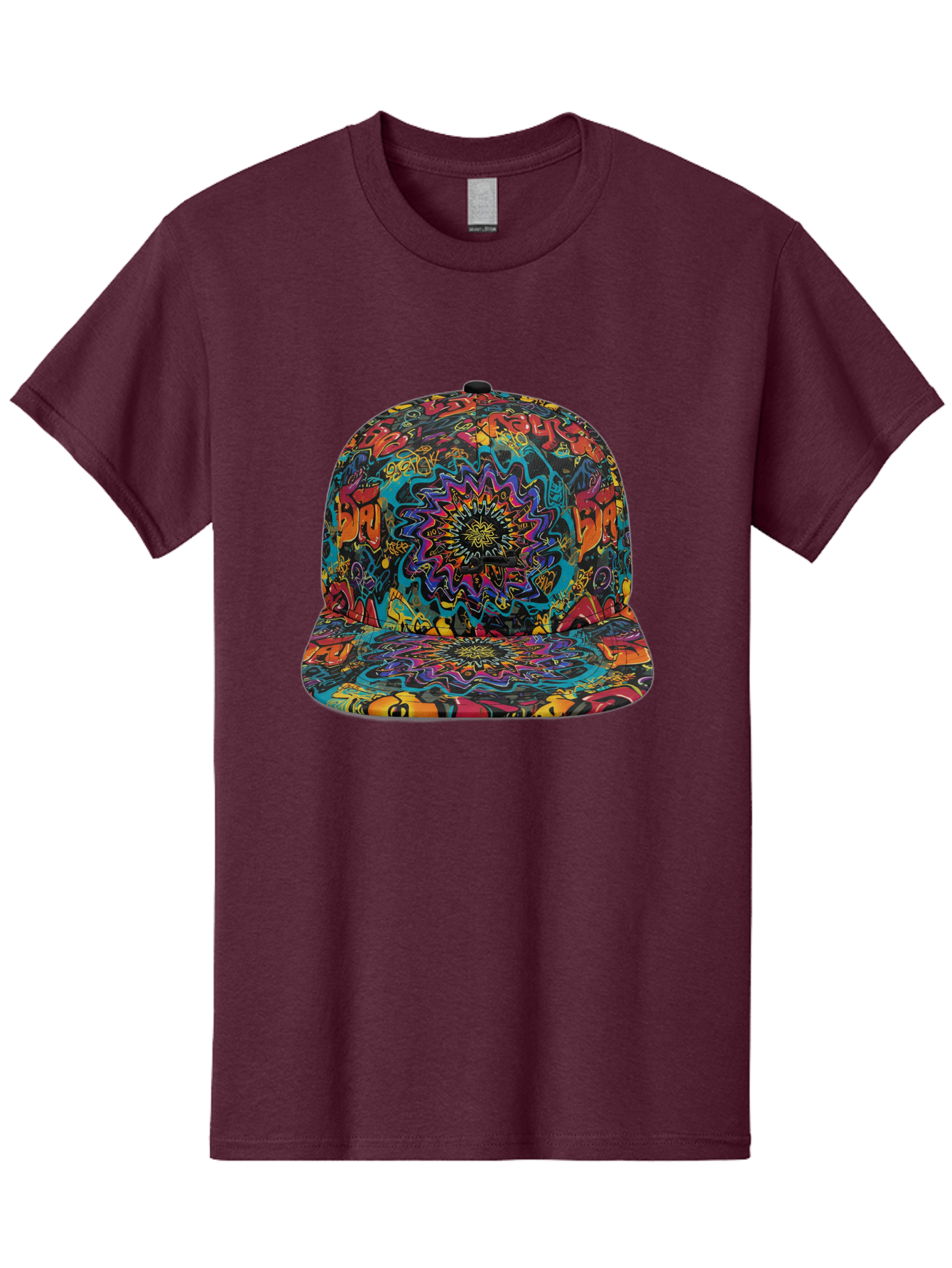 Psychedelic-Snapback Men'S Graphic Tee, 100% Cotton, Comfortable Casual Summer Wear, Machine Washable, Psychedelic Pattern, Colorful Design, Abstract Art, Vibrant Colors, Streetwear Fashion, Hip Hop Style, Casual Wear, Trendy Accessories, Bad456