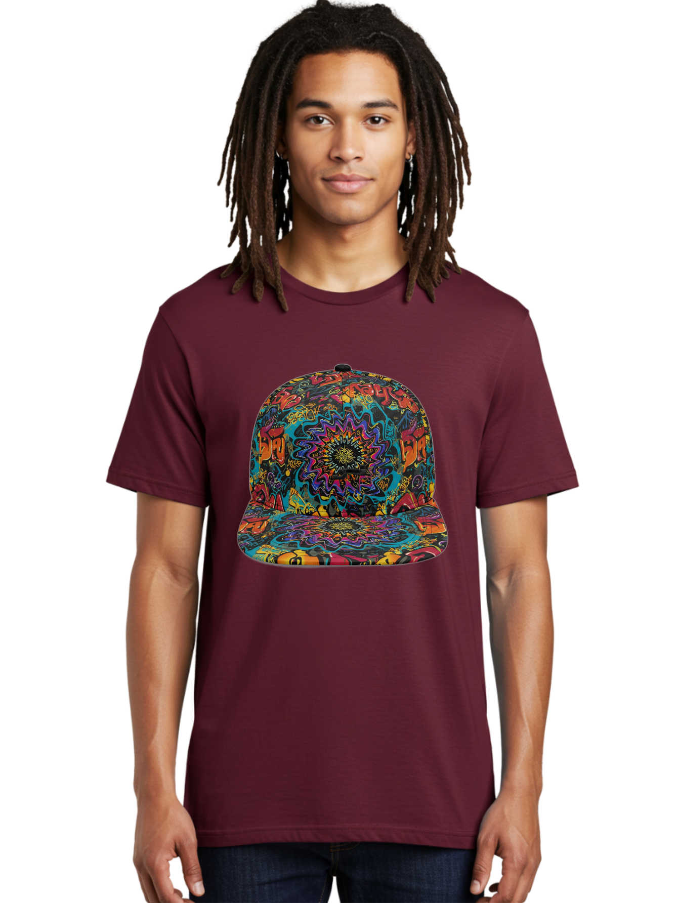 Psychedelic-Snapback Men'S Graphic Tee, 100% Cotton, Comfortable Casual Summer Wear, Machine Washable, Psychedelic Pattern, Colorful Design, Abstract Art, Vibrant Colors, Streetwear Fashion, Hip Hop Style, Casual Wear, Trendy Accessories, Bad456