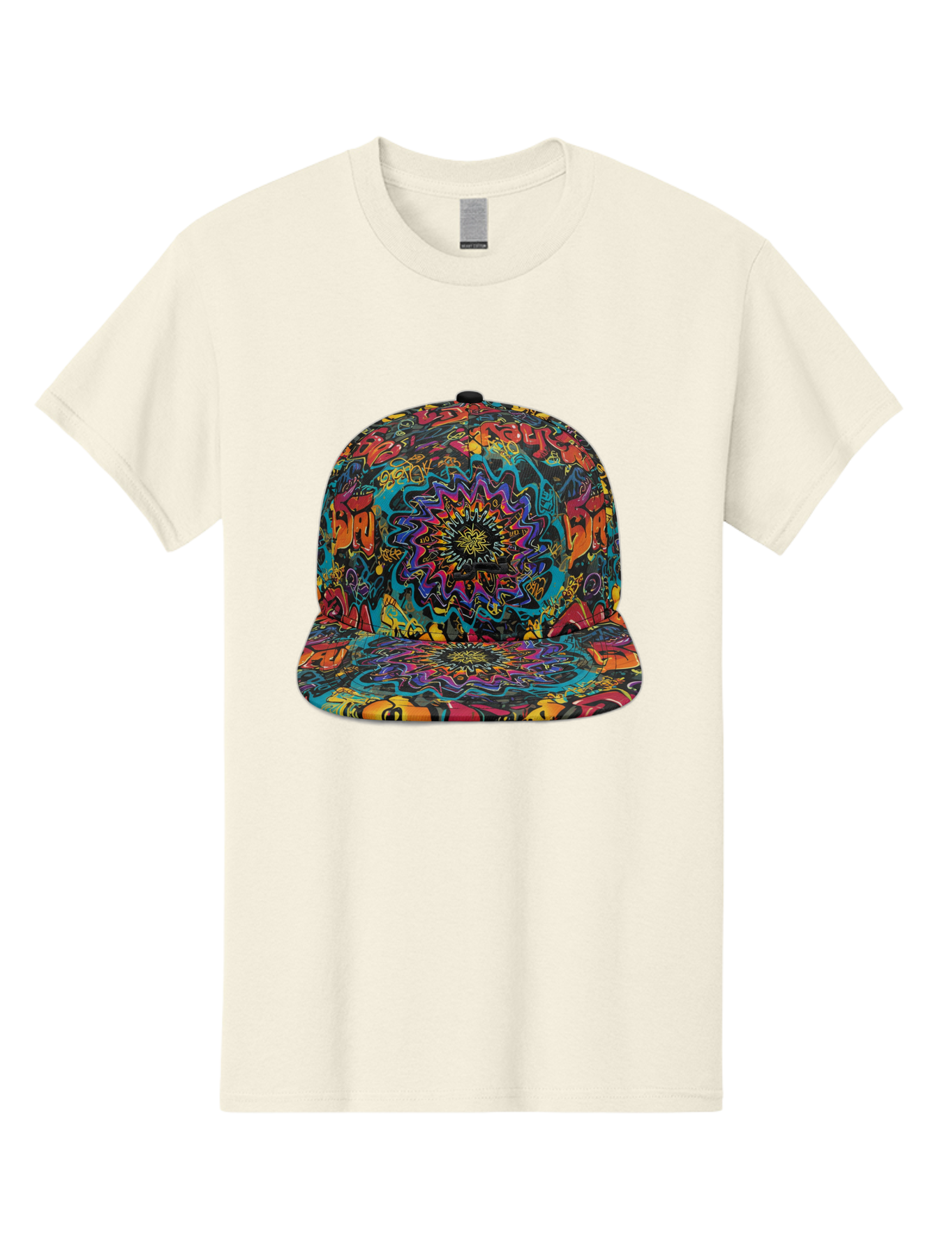 Psychedelic-Snapback Men'S Graphic Tee, 100% Cotton, Comfortable Casual Summer Wear, Machine Washable, Psychedelic Pattern, Colorful Design, Abstract Art, Vibrant Colors, Streetwear Fashion, Hip Hop Style, Casual Wear, Trendy Accessories, Bad456