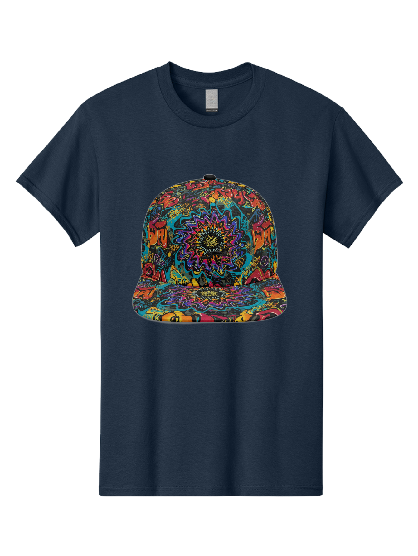 Psychedelic-Snapback Men'S Graphic Tee, 100% Cotton, Comfortable Casual Summer Wear, Machine Washable, Psychedelic Pattern, Colorful Design, Abstract Art, Vibrant Colors, Streetwear Fashion, Hip Hop Style, Casual Wear, Trendy Accessories, Bad456