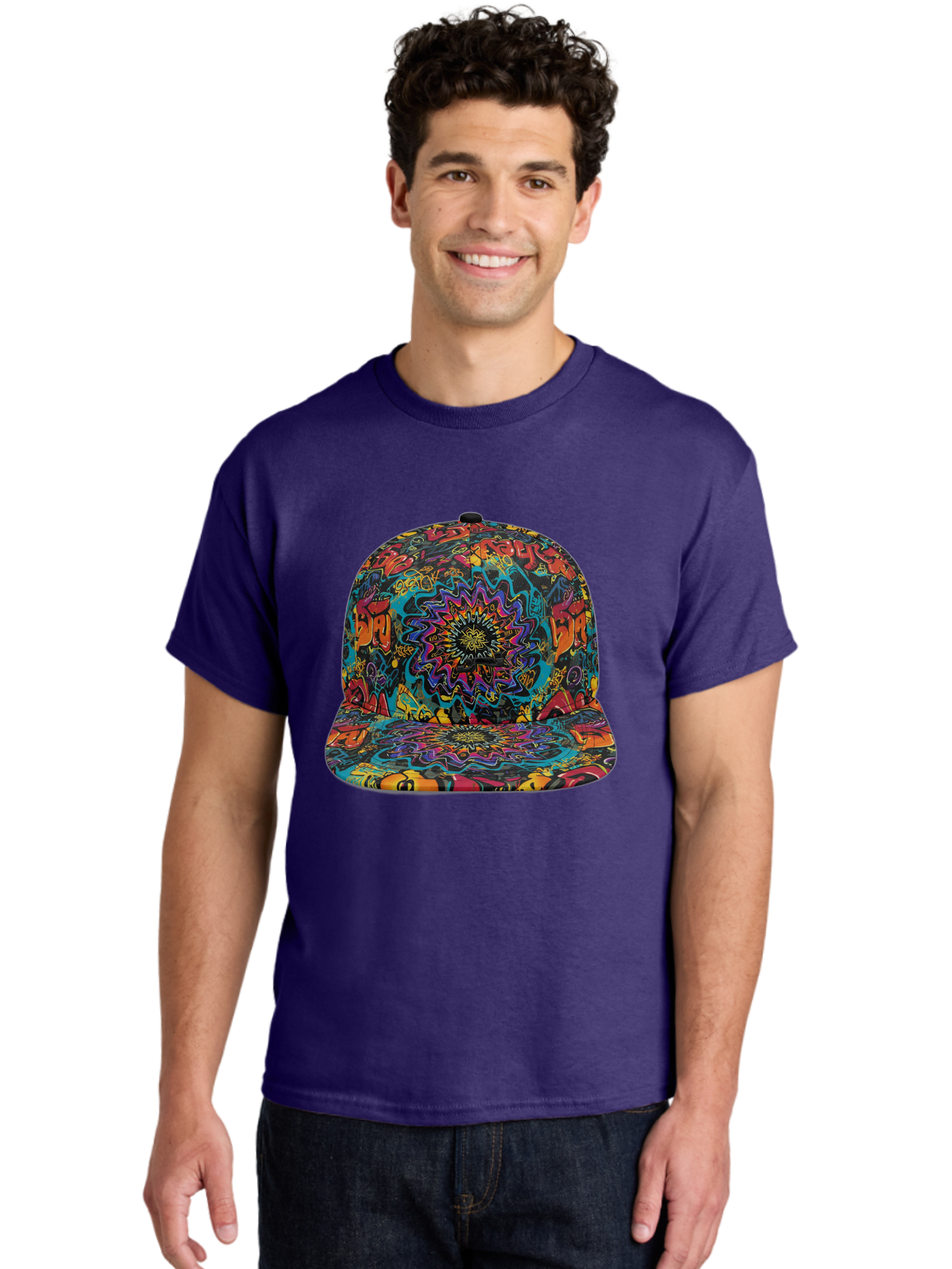 Psychedelic-Snapback Men'S Graphic Tee, 100% Cotton, Comfortable Casual Summer Wear, Machine Washable, Psychedelic Pattern, Colorful Design, Abstract Art, Vibrant Colors, Streetwear Fashion, Hip Hop Style, Casual Wear, Trendy Accessories, Bad456