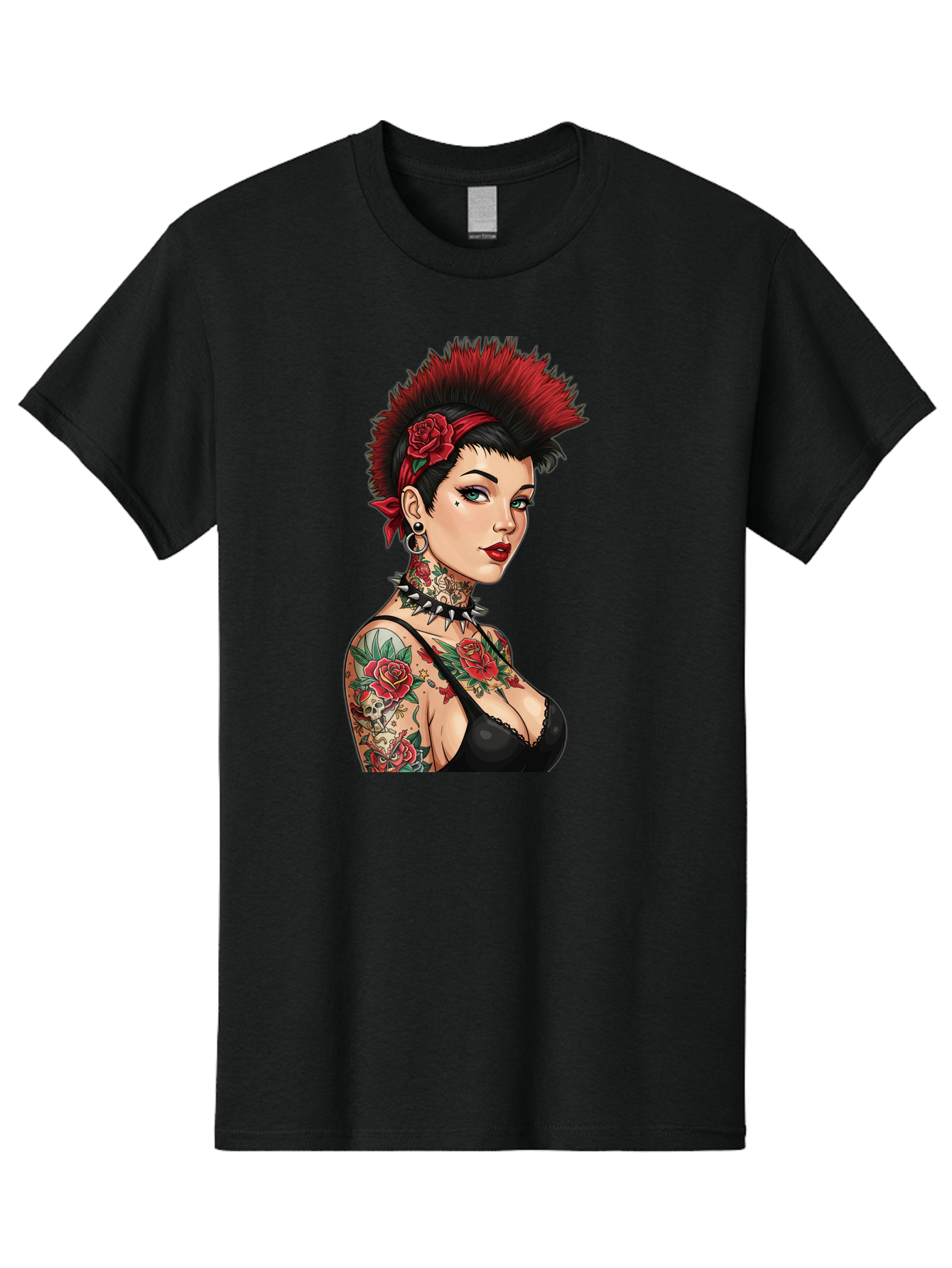 Punk-Rock-Girl Men'S Graphic Tee, 100% Cotton, Comfortable Casual Summer Wear, Machine Washable, Tattooed Woman, Punk Rock Style, Red Roses, Black Clothing, Spiky Hair, Studded Choker, Alternative Fashion, Edgy Beauty, Bold Makeup, Bad458