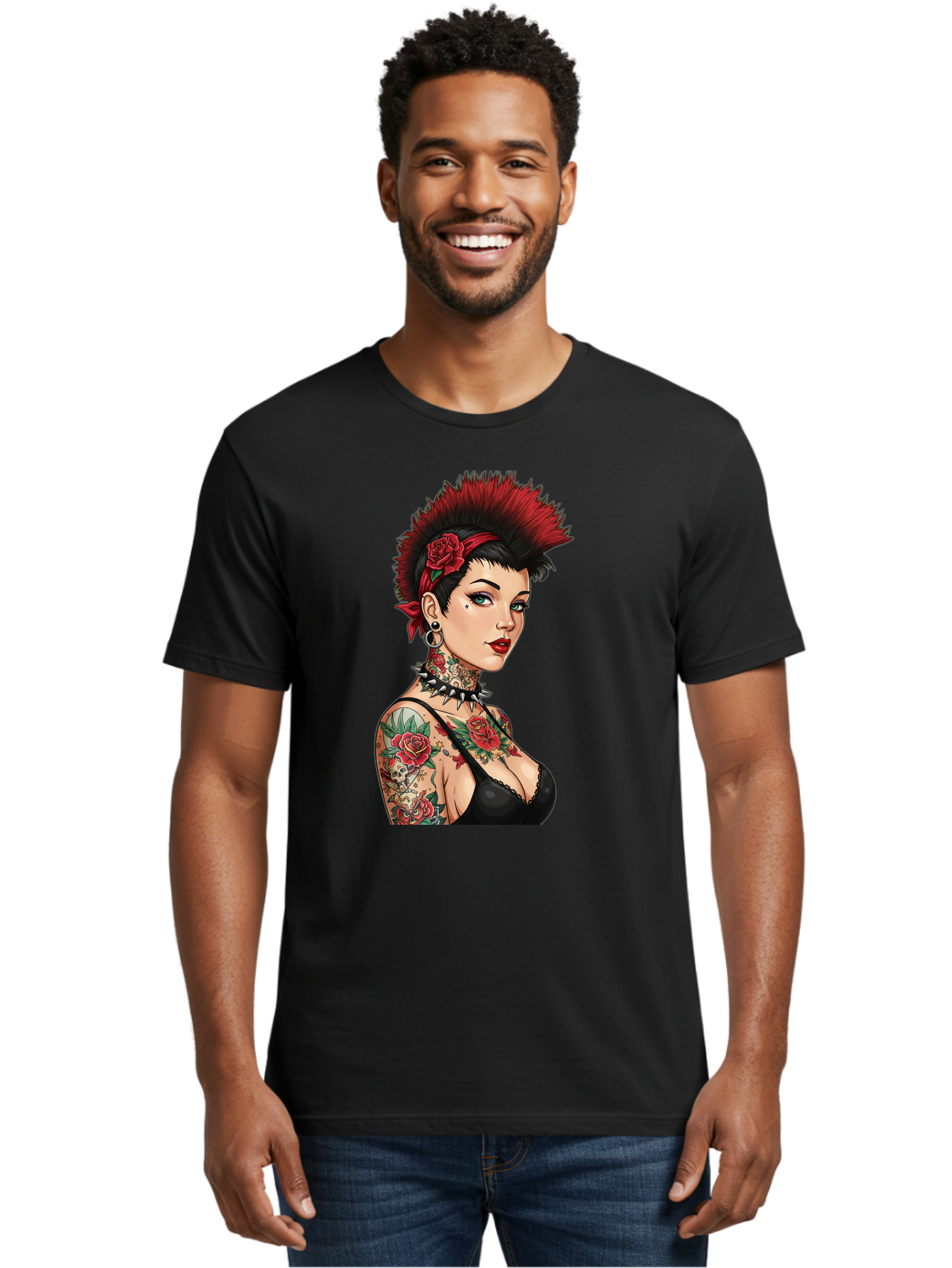 Punk-Rock-Girl Men'S Graphic Tee, 100% Cotton, Comfortable Casual Summer Wear, Machine Washable, Tattooed Woman, Punk Rock Style, Red Roses, Black Clothing, Spiky Hair, Studded Choker, Alternative Fashion, Edgy Beauty, Bold Makeup, Bad458