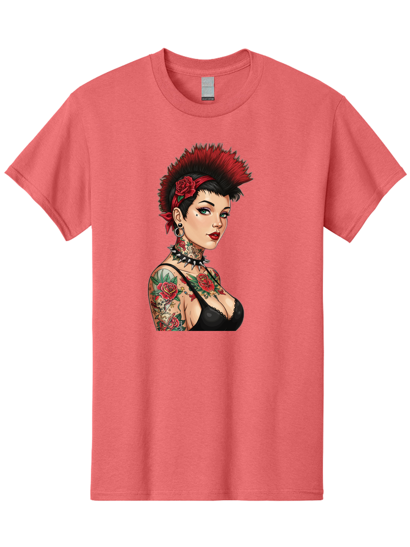 Punk-Rock-Girl Men'S Graphic Tee, 100% Cotton, Comfortable Casual Summer Wear, Machine Washable, Tattooed Woman, Punk Rock Style, Red Roses, Black Clothing, Spiky Hair, Studded Choker, Alternative Fashion, Edgy Beauty, Bold Makeup, Bad458