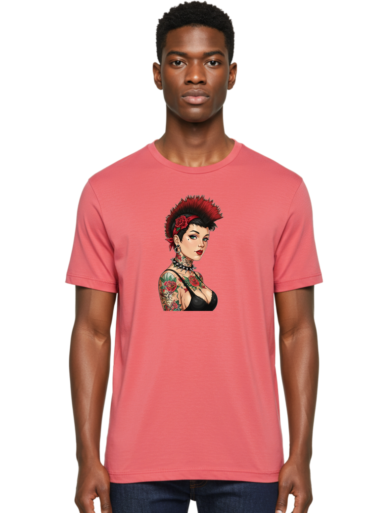 Punk-Rock-Girl Men'S Graphic Tee, 100% Cotton, Comfortable Casual Summer Wear, Machine Washable, Tattooed Woman, Punk Rock Style, Red Roses, Black Clothing, Spiky Hair, Studded Choker, Alternative Fashion, Edgy Beauty, Bold Makeup, Bad458