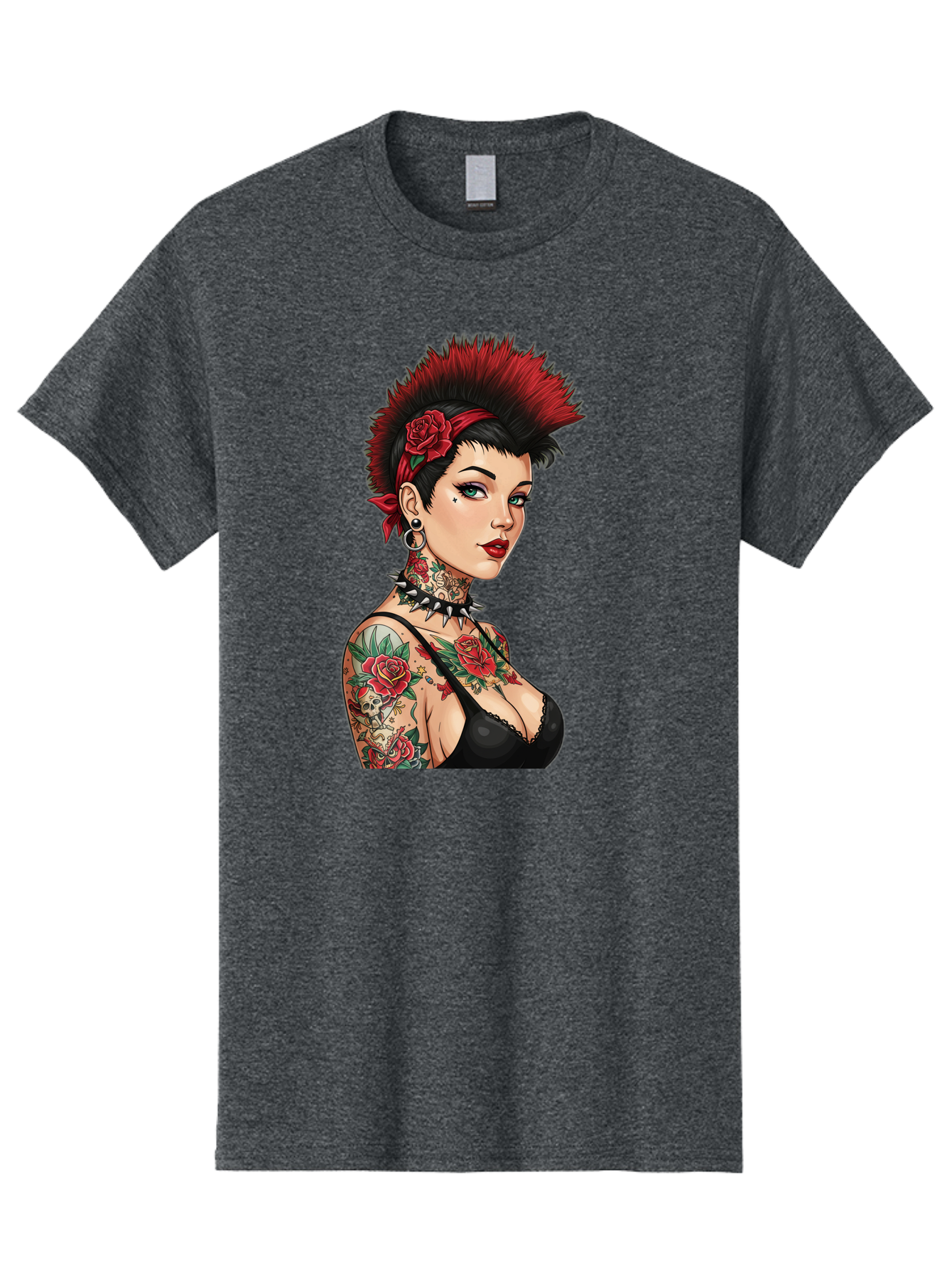 Punk-Rock-Girl Men'S Graphic Tee, 100% Cotton, Comfortable Casual Summer Wear, Machine Washable, Tattooed Woman, Punk Rock Style, Red Roses, Black Clothing, Spiky Hair, Studded Choker, Alternative Fashion, Edgy Beauty, Bold Makeup, Bad458