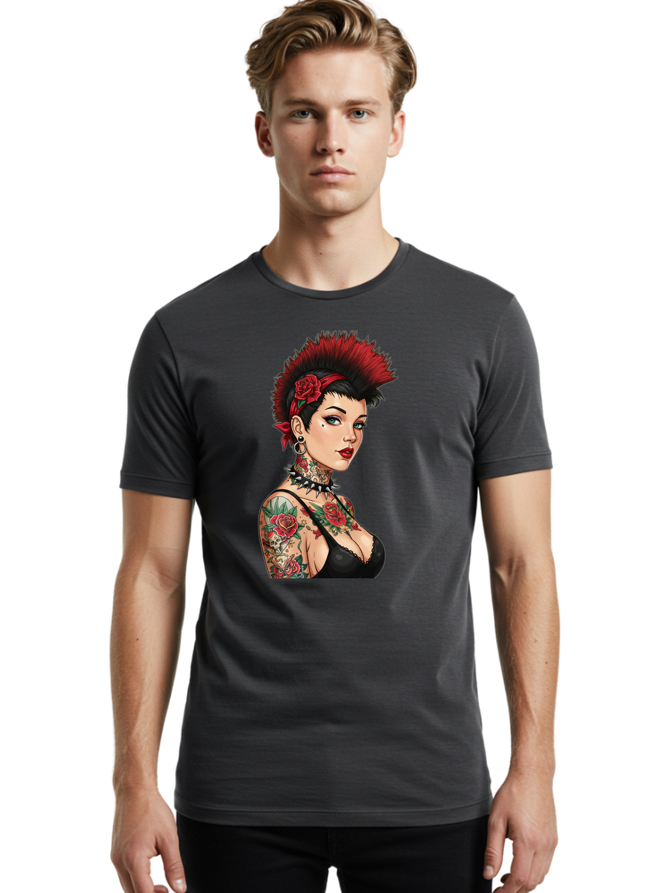 Punk-Rock-Girl Men'S Graphic Tee, 100% Cotton, Comfortable Casual Summer Wear, Machine Washable, Tattooed Woman, Punk Rock Style, Red Roses, Black Clothing, Spiky Hair, Studded Choker, Alternative Fashion, Edgy Beauty, Bold Makeup, Bad458
