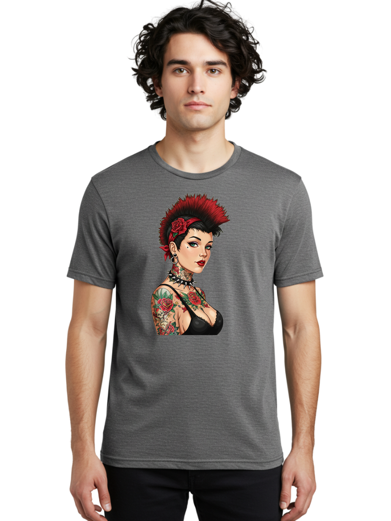 Punk-Rock-Girl Men'S Graphic Tee, 100% Cotton, Comfortable Casual Summer Wear, Machine Washable, Tattooed Woman, Punk Rock Style, Red Roses, Black Clothing, Spiky Hair, Studded Choker, Alternative Fashion, Edgy Beauty, Bold Makeup, Bad458