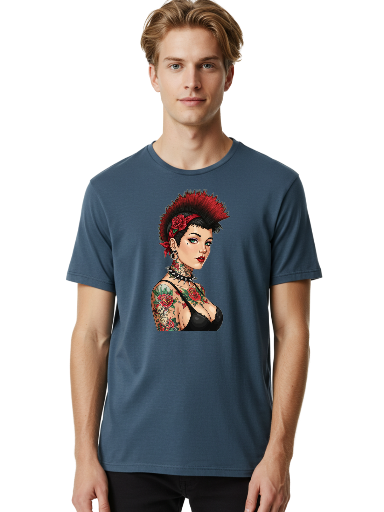Punk-Rock-Girl Men'S Graphic Tee, 100% Cotton, Comfortable Casual Summer Wear, Machine Washable, Tattooed Woman, Punk Rock Style, Red Roses, Black Clothing, Spiky Hair, Studded Choker, Alternative Fashion, Edgy Beauty, Bold Makeup, Bad458