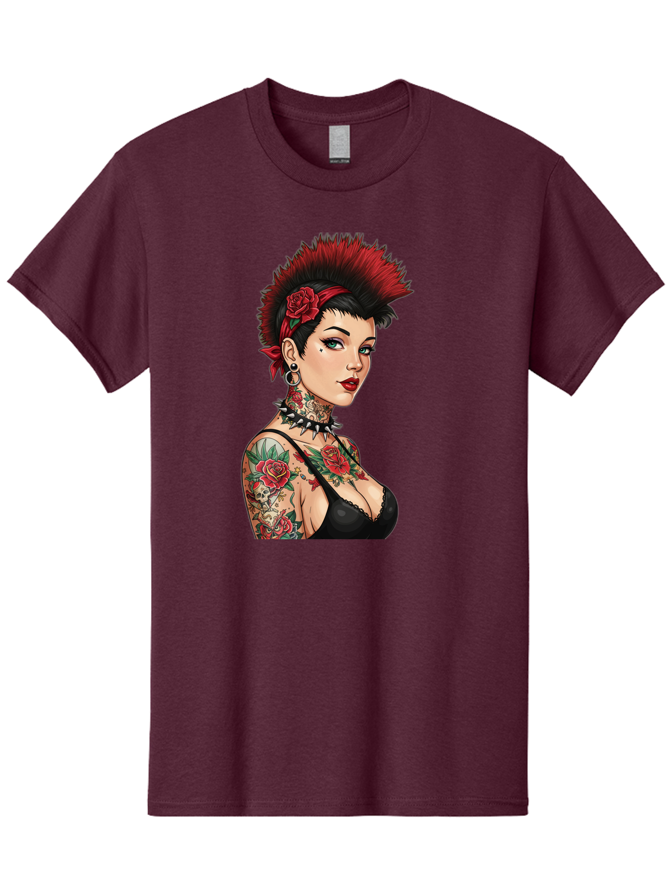 Punk-Rock-Girl Men'S Graphic Tee, 100% Cotton, Comfortable Casual Summer Wear, Machine Washable, Tattooed Woman, Punk Rock Style, Red Roses, Black Clothing, Spiky Hair, Studded Choker, Alternative Fashion, Edgy Beauty, Bold Makeup, Bad458