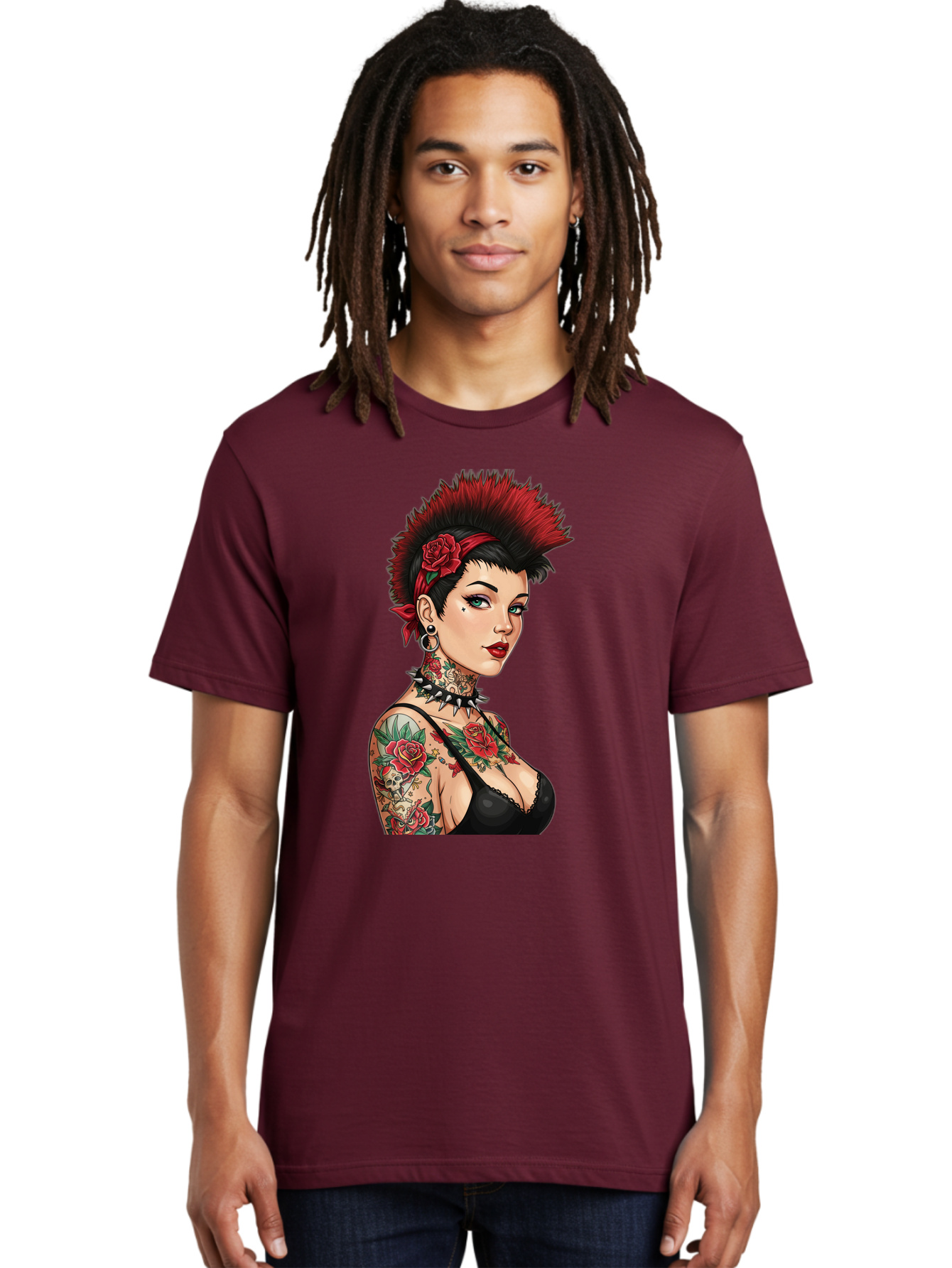 Punk-Rock-Girl Men'S Graphic Tee, 100% Cotton, Comfortable Casual Summer Wear, Machine Washable, Tattooed Woman, Punk Rock Style, Red Roses, Black Clothing, Spiky Hair, Studded Choker, Alternative Fashion, Edgy Beauty, Bold Makeup, Bad458