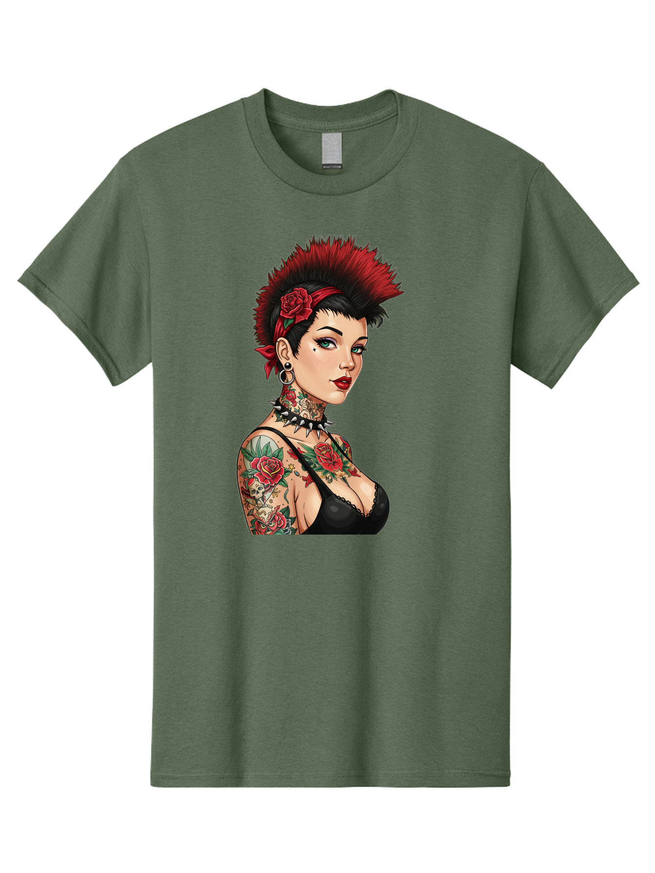 Punk-Rock-Girl Men'S Graphic Tee, 100% Cotton, Comfortable Casual Summer Wear, Machine Washable, Tattooed Woman, Punk Rock Style, Red Roses, Black Clothing, Spiky Hair, Studded Choker, Alternative Fashion, Edgy Beauty, Bold Makeup, Bad458