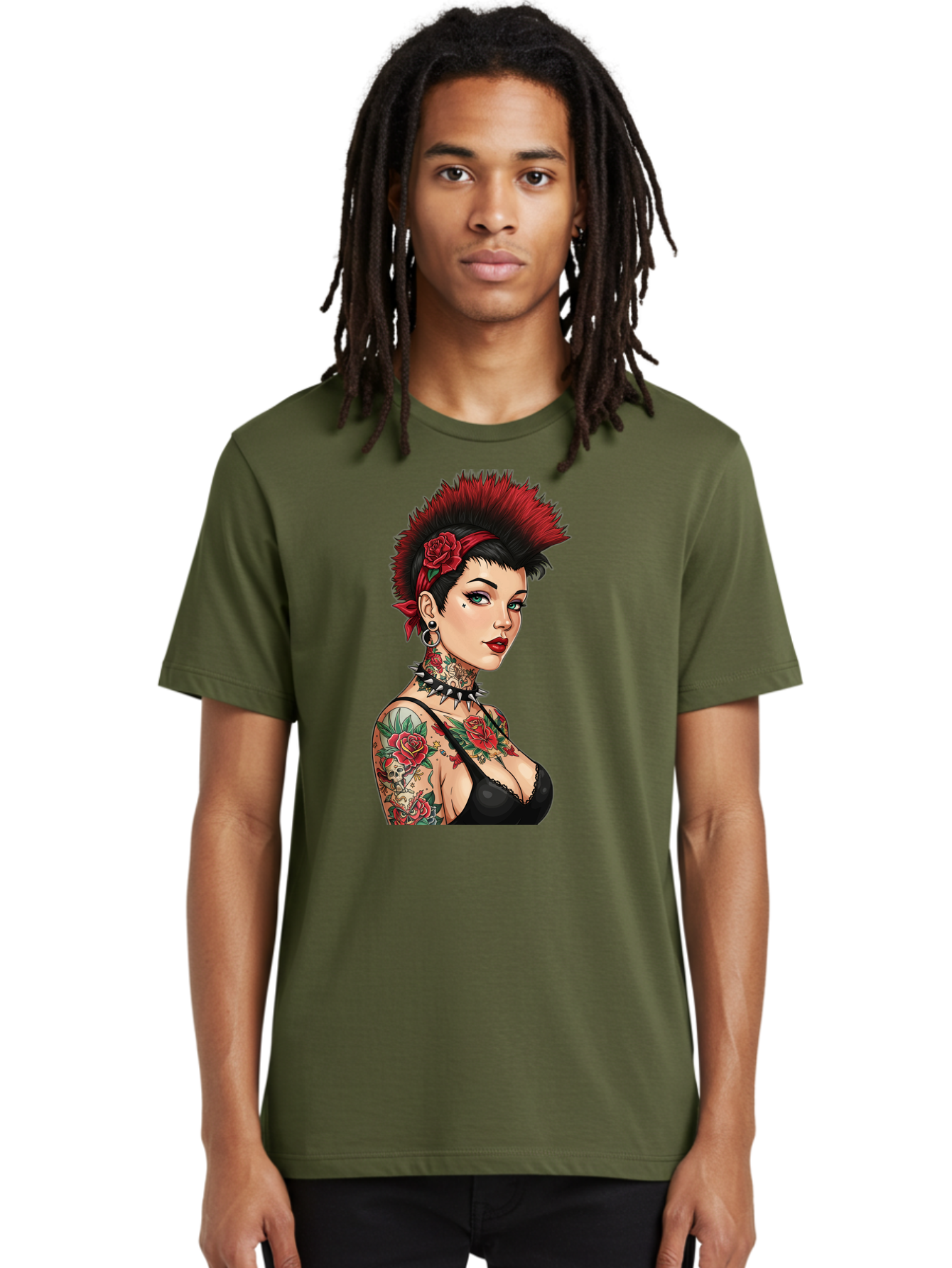 Punk-Rock-Girl Men'S Graphic Tee, 100% Cotton, Comfortable Casual Summer Wear, Machine Washable, Tattooed Woman, Punk Rock Style, Red Roses, Black Clothing, Spiky Hair, Studded Choker, Alternative Fashion, Edgy Beauty, Bold Makeup, Bad458