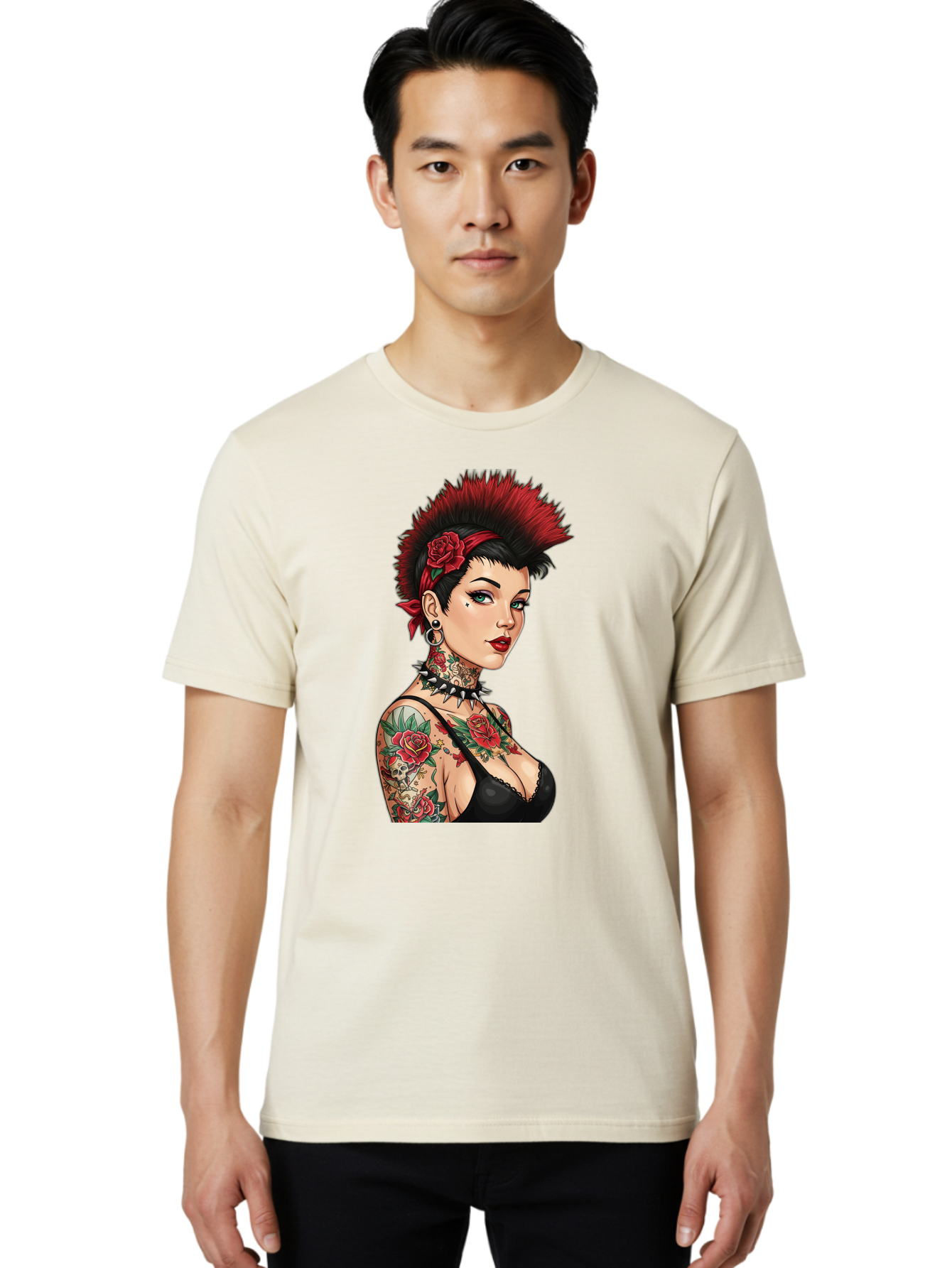 Punk-Rock-Girl Men'S Graphic Tee, 100% Cotton, Comfortable Casual Summer Wear, Machine Washable, Tattooed Woman, Punk Rock Style, Red Roses, Black Clothing, Spiky Hair, Studded Choker, Alternative Fashion, Edgy Beauty, Bold Makeup, Bad458