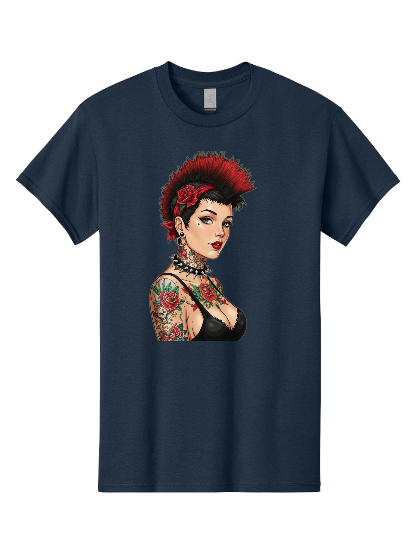 Punk-Rock-Girl Men'S Graphic Tee, 100% Cotton, Comfortable Casual Summer Wear, Machine Washable, Tattooed Woman, Punk Rock Style, Red Roses, Black Clothing, Spiky Hair, Studded Choker, Alternative Fashion, Edgy Beauty, Bold Makeup, Bad458