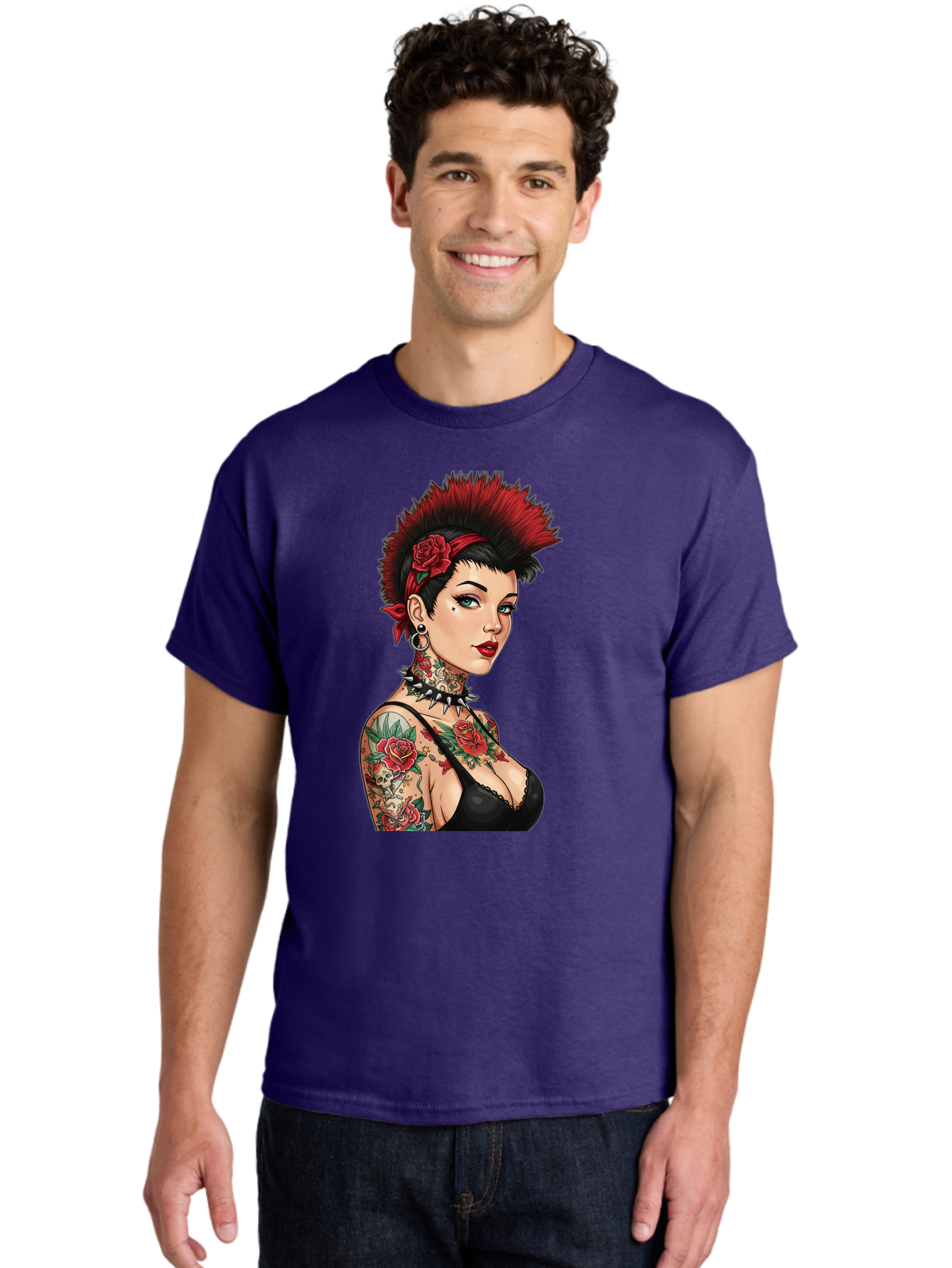 Punk-Rock-Girl Men'S Graphic Tee, 100% Cotton, Comfortable Casual Summer Wear, Machine Washable, Tattooed Woman, Punk Rock Style, Red Roses, Black Clothing, Spiky Hair, Studded Choker, Alternative Fashion, Edgy Beauty, Bold Makeup, Bad458