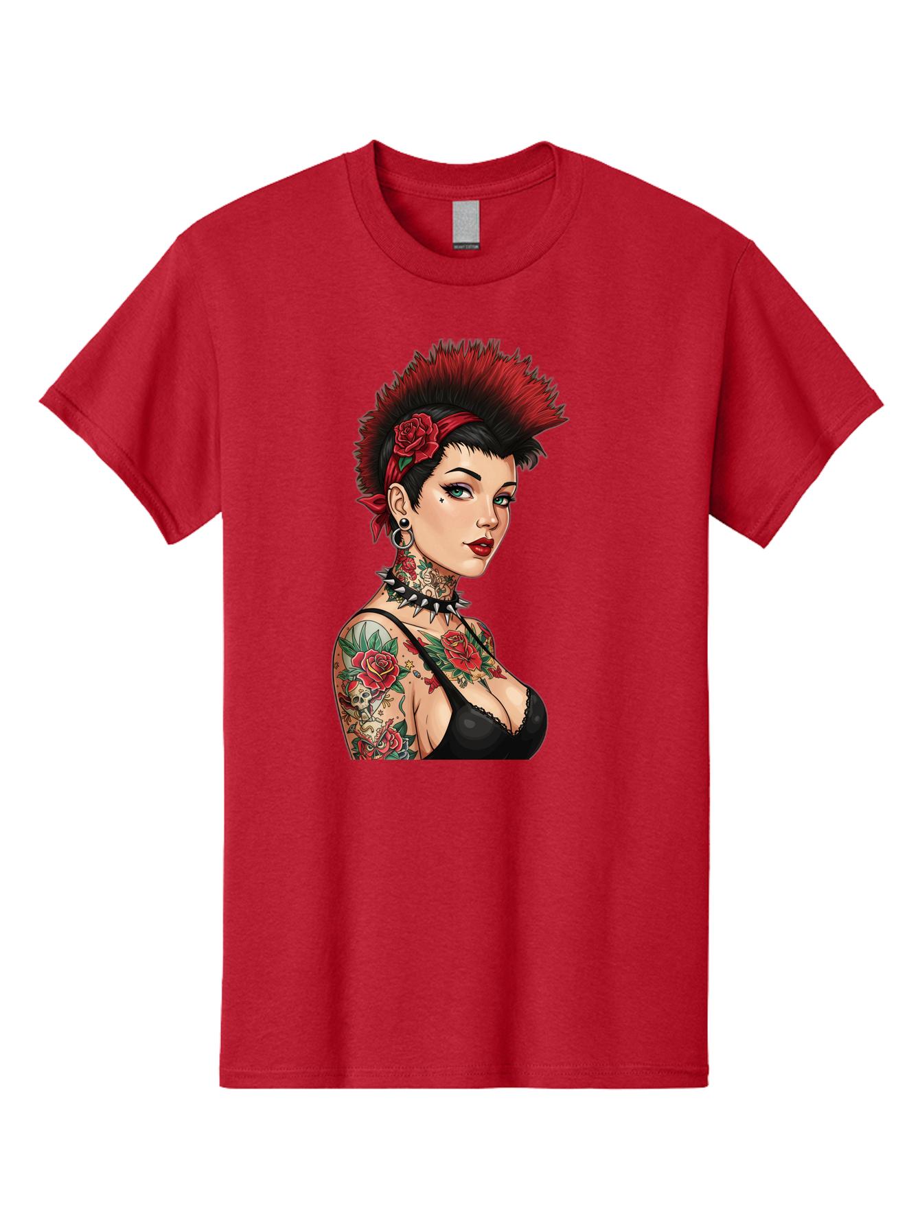 Punk-Rock-Girl Men'S Graphic Tee, 100% Cotton, Comfortable Casual Summer Wear, Machine Washable, Tattooed Woman, Punk Rock Style, Red Roses, Black Clothing, Spiky Hair, Studded Choker, Alternative Fashion, Edgy Beauty, Bold Makeup, Bad458