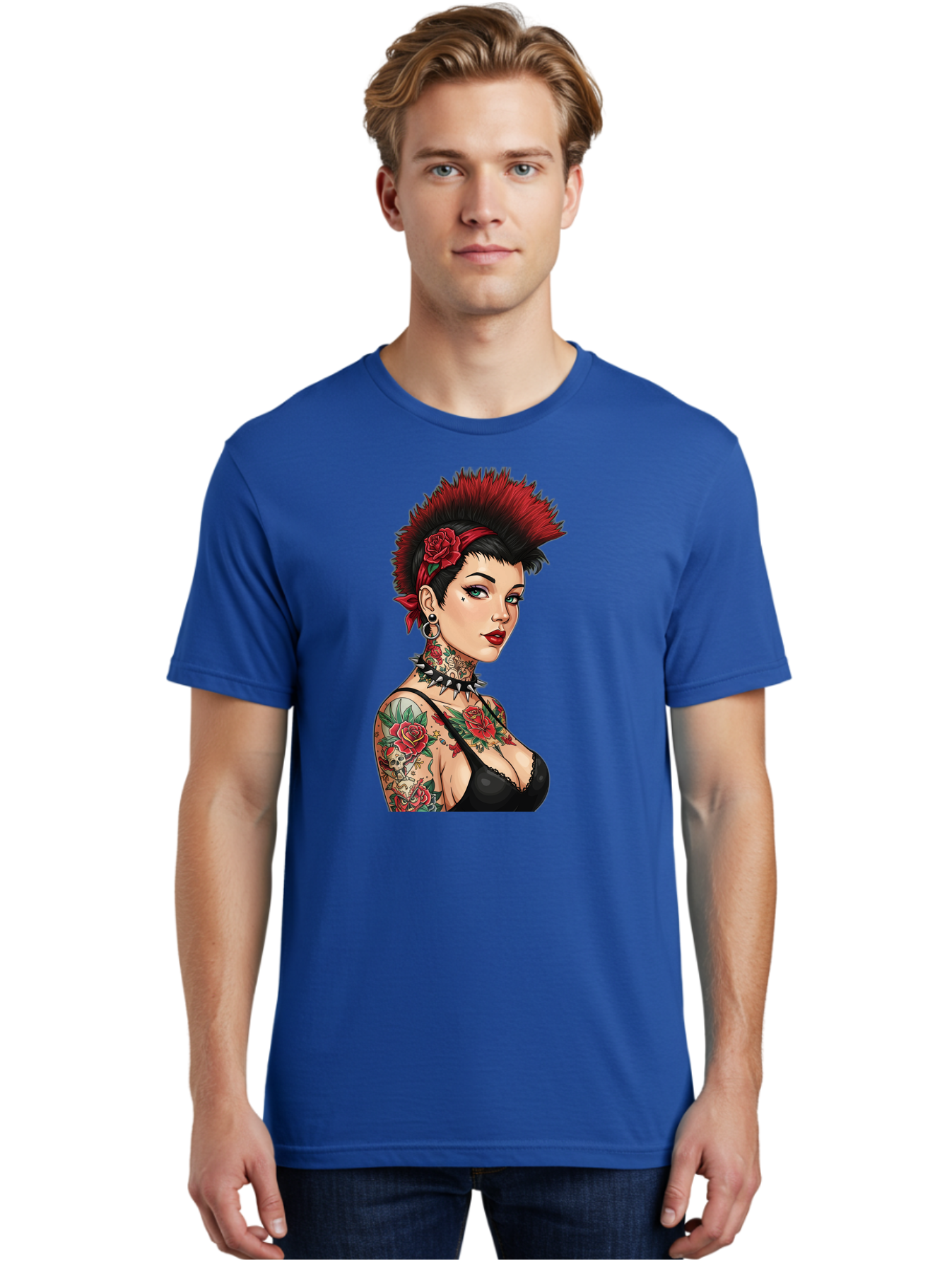 Punk-Rock-Girl Men'S Graphic Tee, 100% Cotton, Comfortable Casual Summer Wear, Machine Washable, Tattooed Woman, Punk Rock Style, Red Roses, Black Clothing, Spiky Hair, Studded Choker, Alternative Fashion, Edgy Beauty, Bold Makeup, Bad458