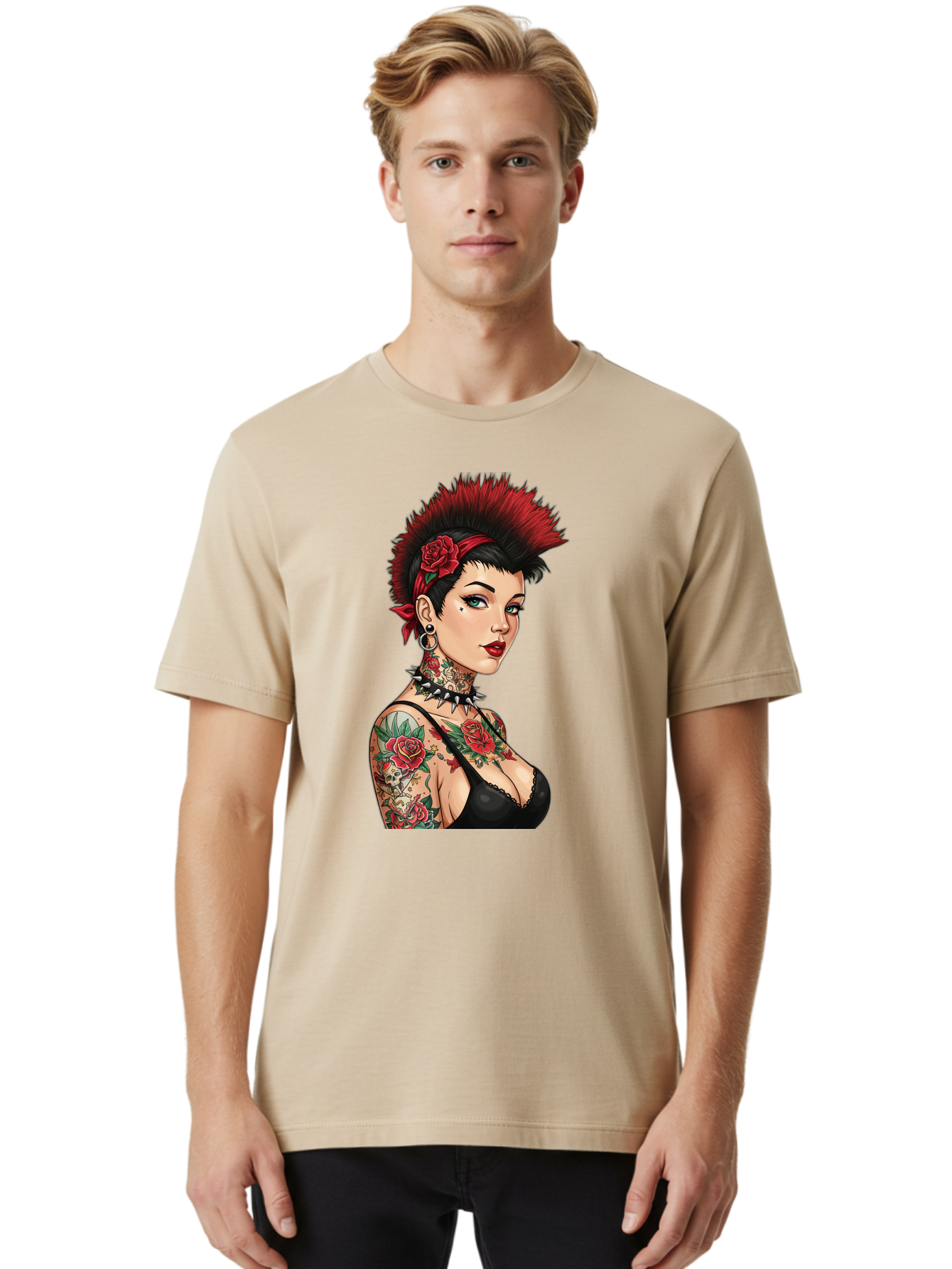 Punk-Rock-Girl Men'S Graphic Tee, 100% Cotton, Comfortable Casual Summer Wear, Machine Washable, Tattooed Woman, Punk Rock Style, Red Roses, Black Clothing, Spiky Hair, Studded Choker, Alternative Fashion, Edgy Beauty, Bold Makeup, Bad458