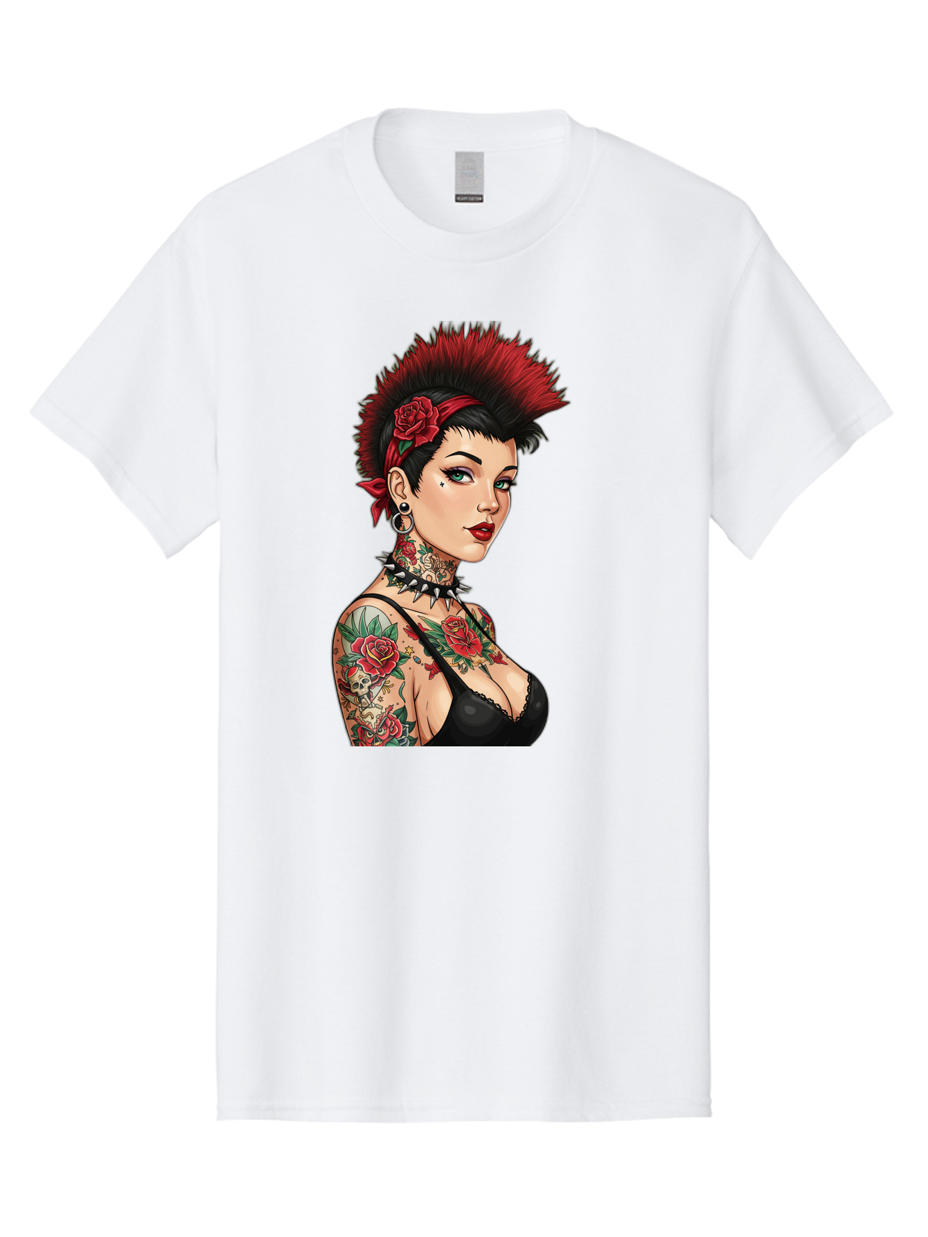 Punk-Rock-Girl Men'S Graphic Tee, 100% Cotton, Comfortable Casual Summer Wear, Machine Washable, Tattooed Woman, Punk Rock Style, Red Roses, Black Clothing, Spiky Hair, Studded Choker, Alternative Fashion, Edgy Beauty, Bold Makeup, Bad458