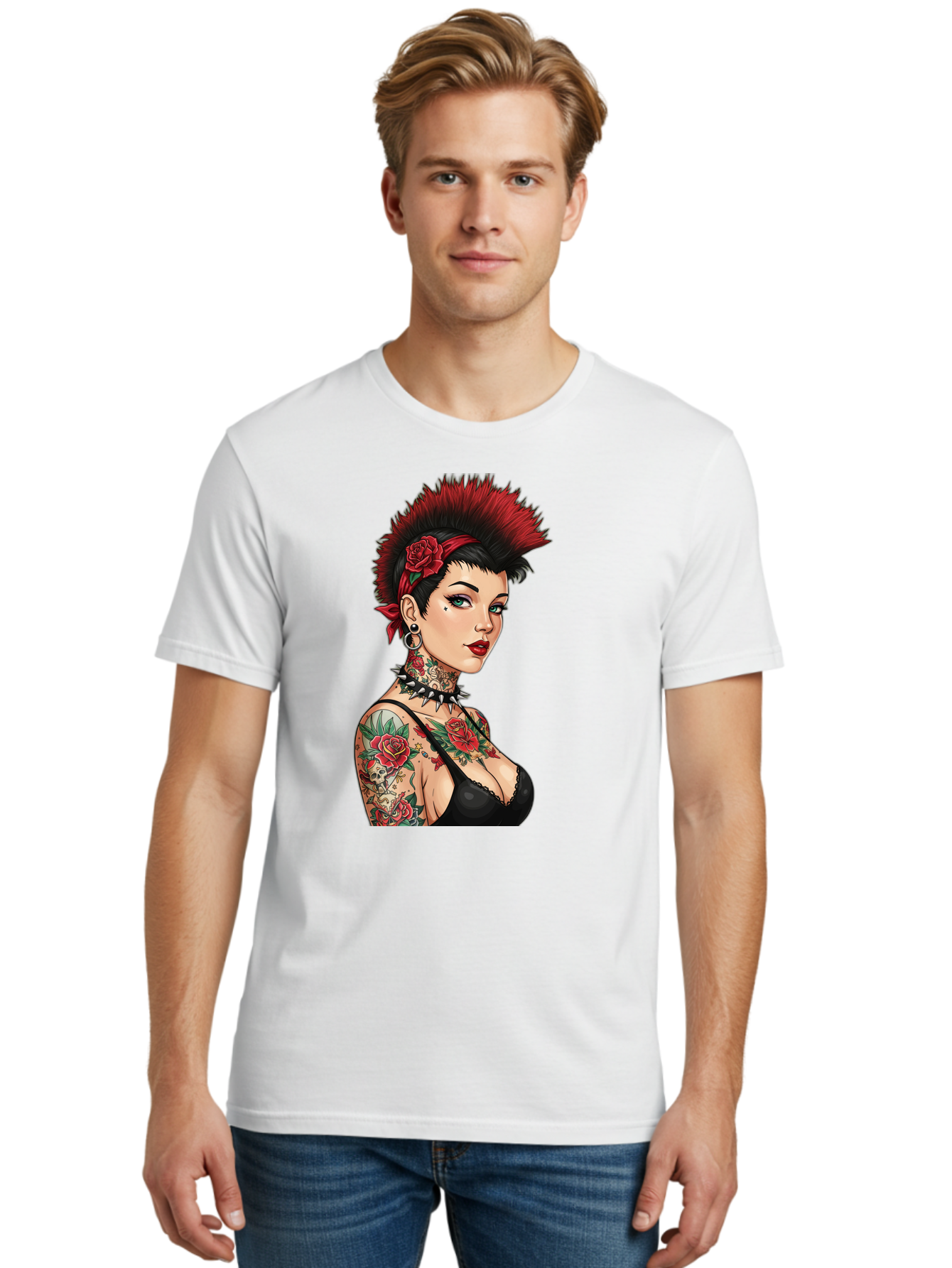 Punk-Rock-Girl Men'S Graphic Tee, 100% Cotton, Comfortable Casual Summer Wear, Machine Washable, Tattooed Woman, Punk Rock Style, Red Roses, Black Clothing, Spiky Hair, Studded Choker, Alternative Fashion, Edgy Beauty, Bold Makeup, Bad458