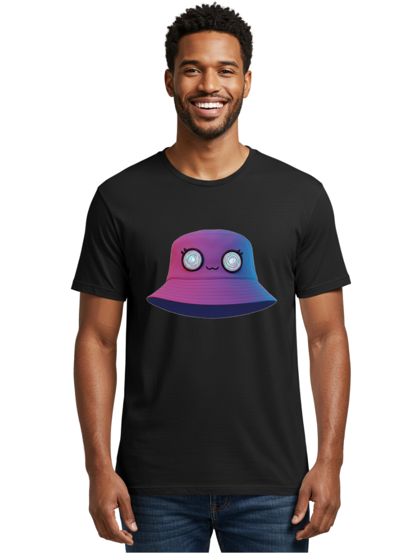 Purple-Bucket-Hat-1 Men'S Graphic Tee, 100% Cotton, Comfortable Casual Summer Wear, Machine Washable, Purple And Blue Bucket Hat, Spiral Eyes, Eyelashes, Smiling Face, Cartoon Character, Digital Illustration, Trendy Fashion, Bad459