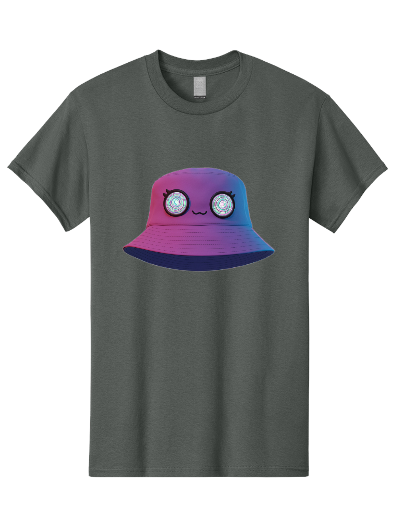 Purple-Bucket-Hat-1 Men'S Graphic Tee, 100% Cotton, Comfortable Casual Summer Wear, Machine Washable, Purple And Blue Bucket Hat, Spiral Eyes, Eyelashes, Smiling Face, Cartoon Character, Digital Illustration, Trendy Fashion, Bad459