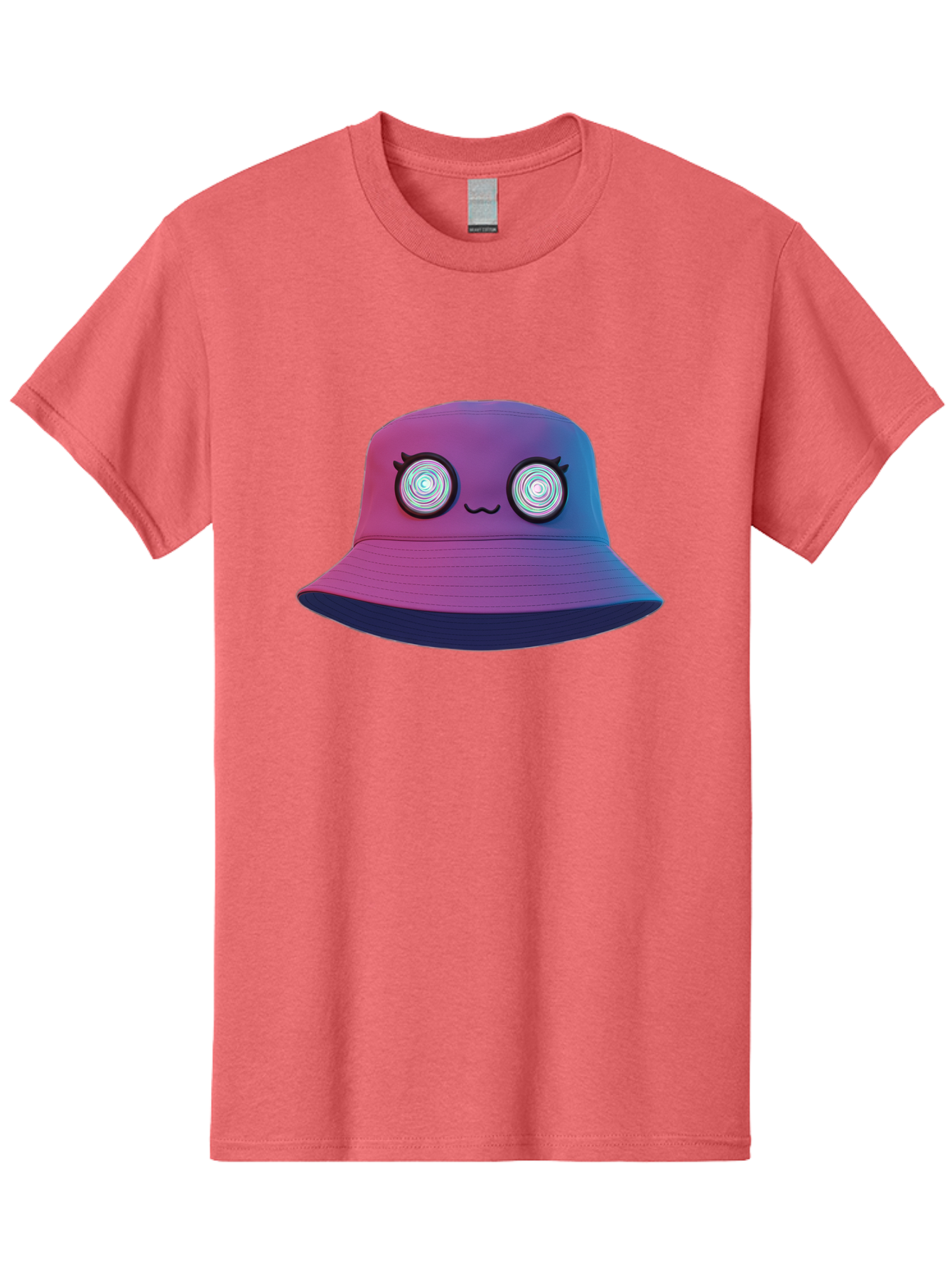 Purple-Bucket-Hat-1 Men'S Graphic Tee, 100% Cotton, Comfortable Casual Summer Wear, Machine Washable, Purple And Blue Bucket Hat, Spiral Eyes, Eyelashes, Smiling Face, Cartoon Character, Digital Illustration, Trendy Fashion, Bad459