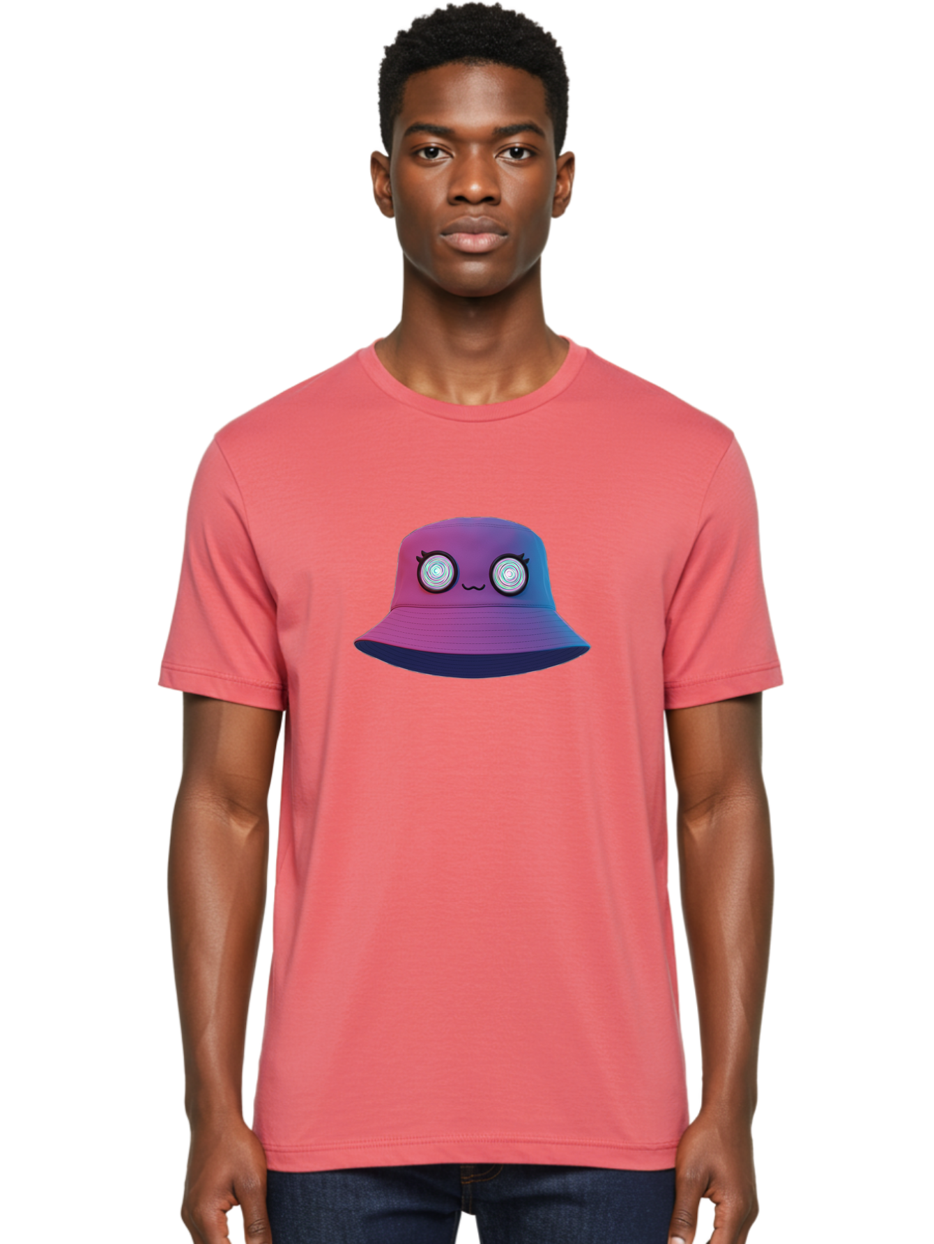 Purple-Bucket-Hat-1 Men'S Graphic Tee, 100% Cotton, Comfortable Casual Summer Wear, Machine Washable, Purple And Blue Bucket Hat, Spiral Eyes, Eyelashes, Smiling Face, Cartoon Character, Digital Illustration, Trendy Fashion, Bad459