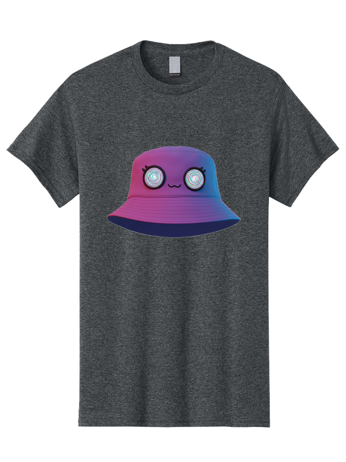 Purple-Bucket-Hat-1 Men'S Graphic Tee, 100% Cotton, Comfortable Casual Summer Wear, Machine Washable, Purple And Blue Bucket Hat, Spiral Eyes, Eyelashes, Smiling Face, Cartoon Character, Digital Illustration, Trendy Fashion, Bad459