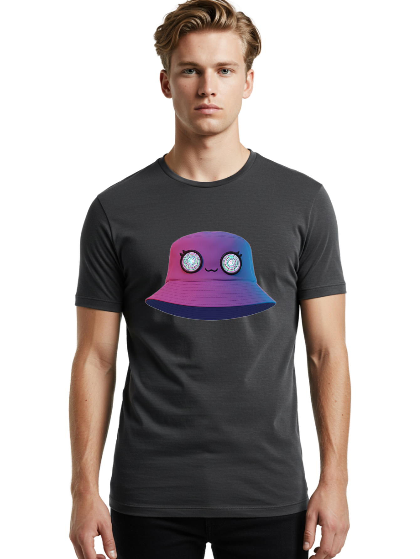 Purple-Bucket-Hat-1 Men'S Graphic Tee, 100% Cotton, Comfortable Casual Summer Wear, Machine Washable, Purple And Blue Bucket Hat, Spiral Eyes, Eyelashes, Smiling Face, Cartoon Character, Digital Illustration, Trendy Fashion, Bad459