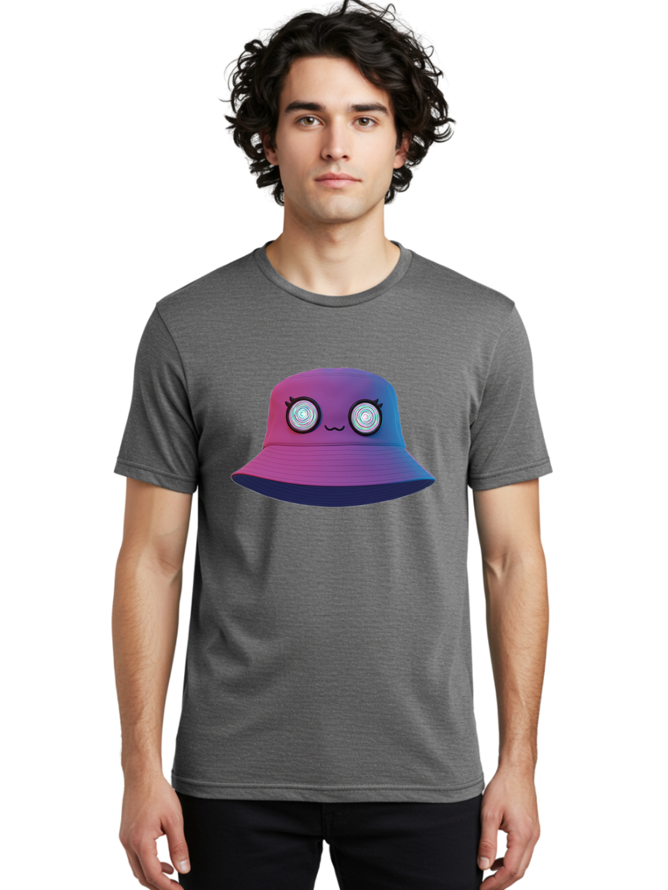 Purple-Bucket-Hat-1 Men'S Graphic Tee, 100% Cotton, Comfortable Casual Summer Wear, Machine Washable, Purple And Blue Bucket Hat, Spiral Eyes, Eyelashes, Smiling Face, Cartoon Character, Digital Illustration, Trendy Fashion, Bad459