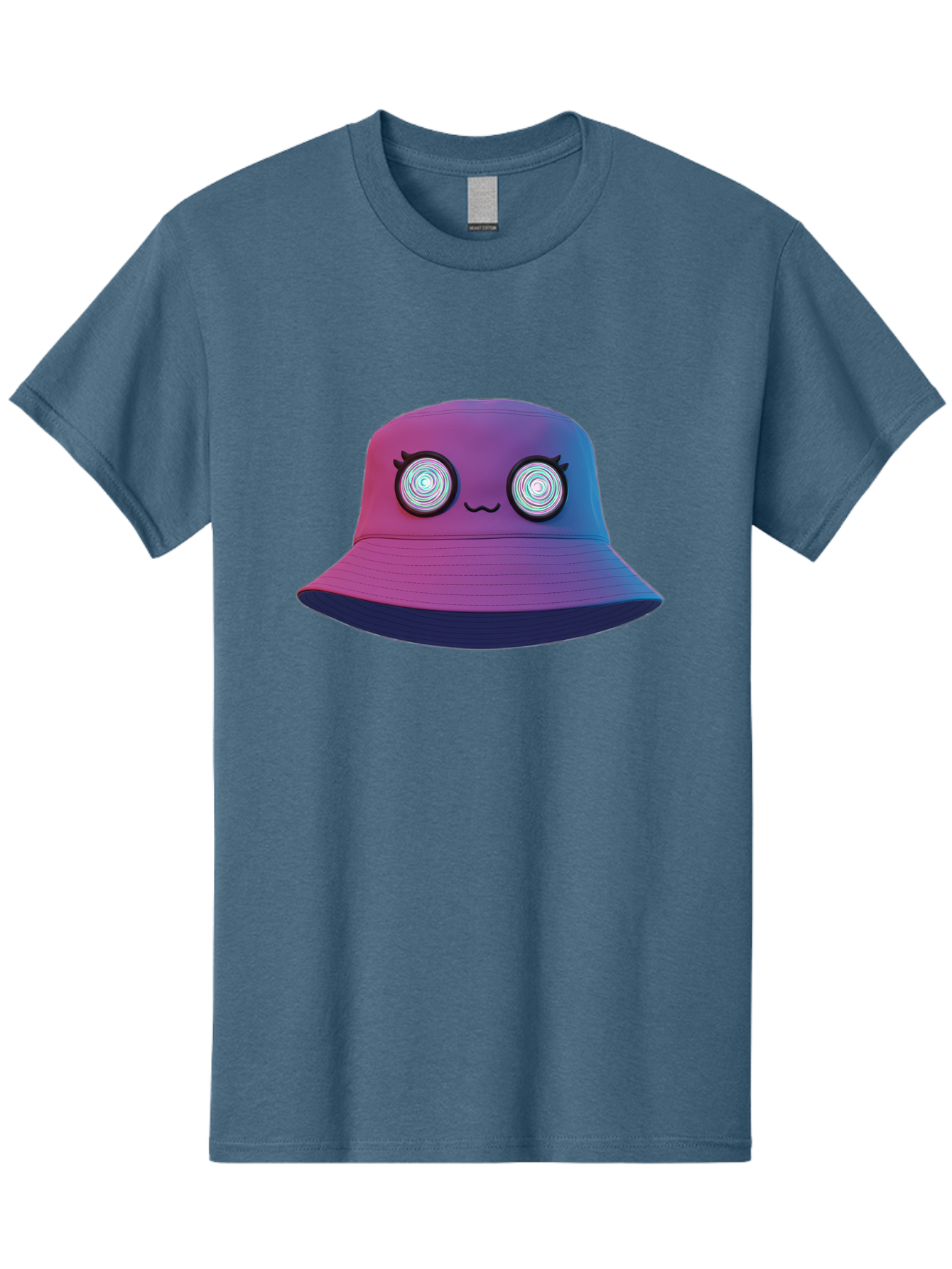 Purple-Bucket-Hat-1 Men'S Graphic Tee, 100% Cotton, Comfortable Casual Summer Wear, Machine Washable, Purple And Blue Bucket Hat, Spiral Eyes, Eyelashes, Smiling Face, Cartoon Character, Digital Illustration, Trendy Fashion, Bad459