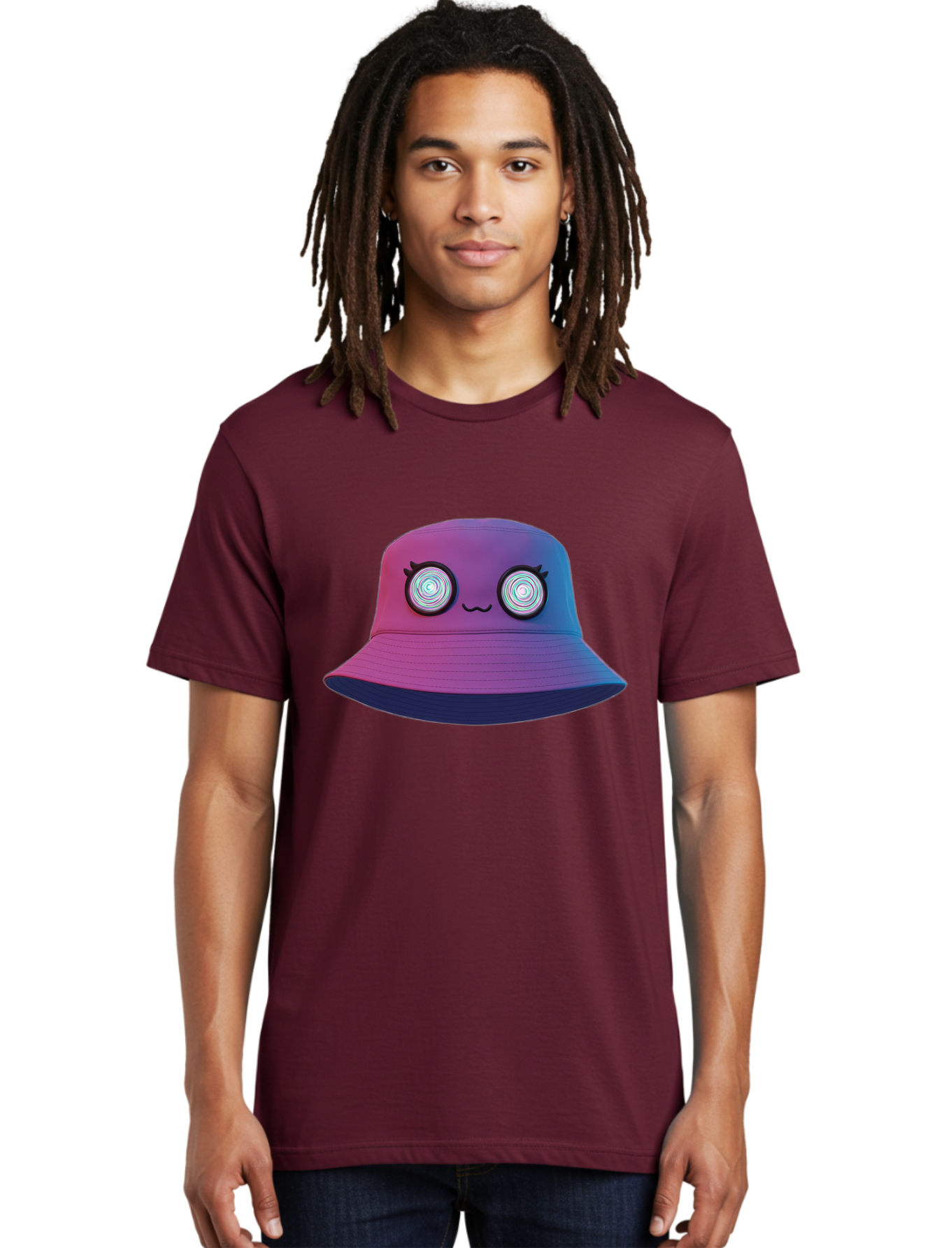 Purple-Bucket-Hat-1 Men'S Graphic Tee, 100% Cotton, Comfortable Casual Summer Wear, Machine Washable, Purple And Blue Bucket Hat, Spiral Eyes, Eyelashes, Smiling Face, Cartoon Character, Digital Illustration, Trendy Fashion, Bad459