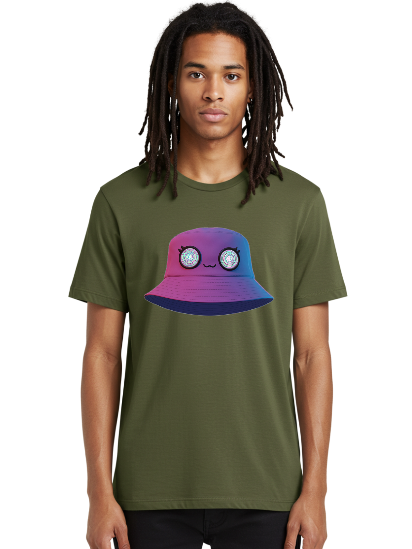 Purple-Bucket-Hat-1 Men'S Graphic Tee, 100% Cotton, Comfortable Casual Summer Wear, Machine Washable, Purple And Blue Bucket Hat, Spiral Eyes, Eyelashes, Smiling Face, Cartoon Character, Digital Illustration, Trendy Fashion, Bad459