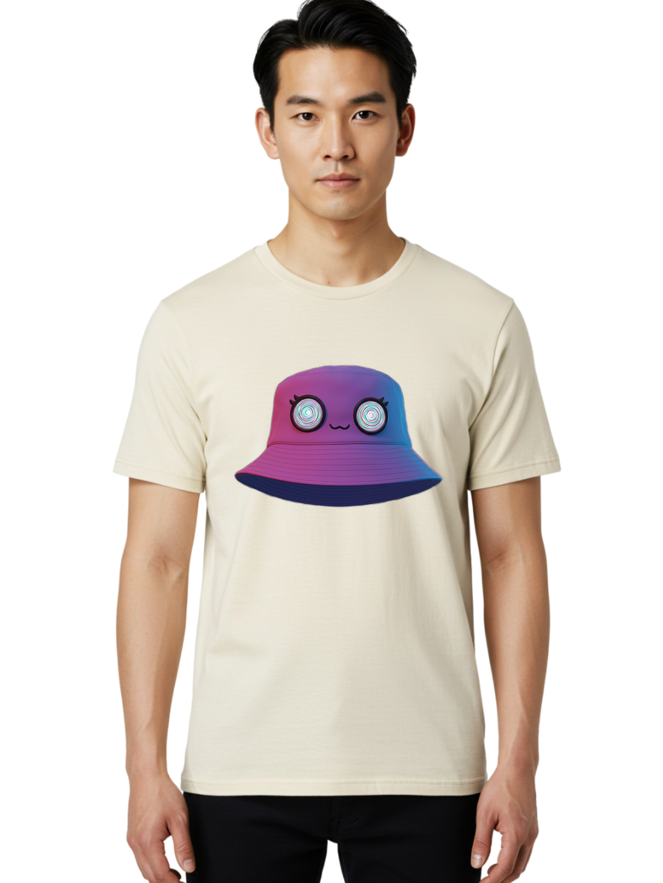 Purple-Bucket-Hat-1 Men'S Graphic Tee, 100% Cotton, Comfortable Casual Summer Wear, Machine Washable, Purple And Blue Bucket Hat, Spiral Eyes, Eyelashes, Smiling Face, Cartoon Character, Digital Illustration, Trendy Fashion, Bad459