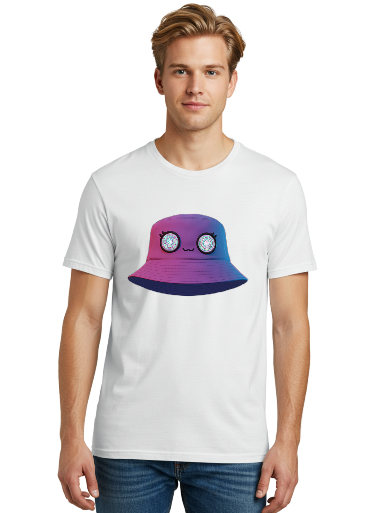 Purple-Bucket-Hat-1 Men'S Graphic Tee, 100% Cotton, Comfortable Casual Summer Wear, Machine Washable, Purple And Blue Bucket Hat, Spiral Eyes, Eyelashes, Smiling Face, Cartoon Character, Digital Illustration, Trendy Fashion, Bad459