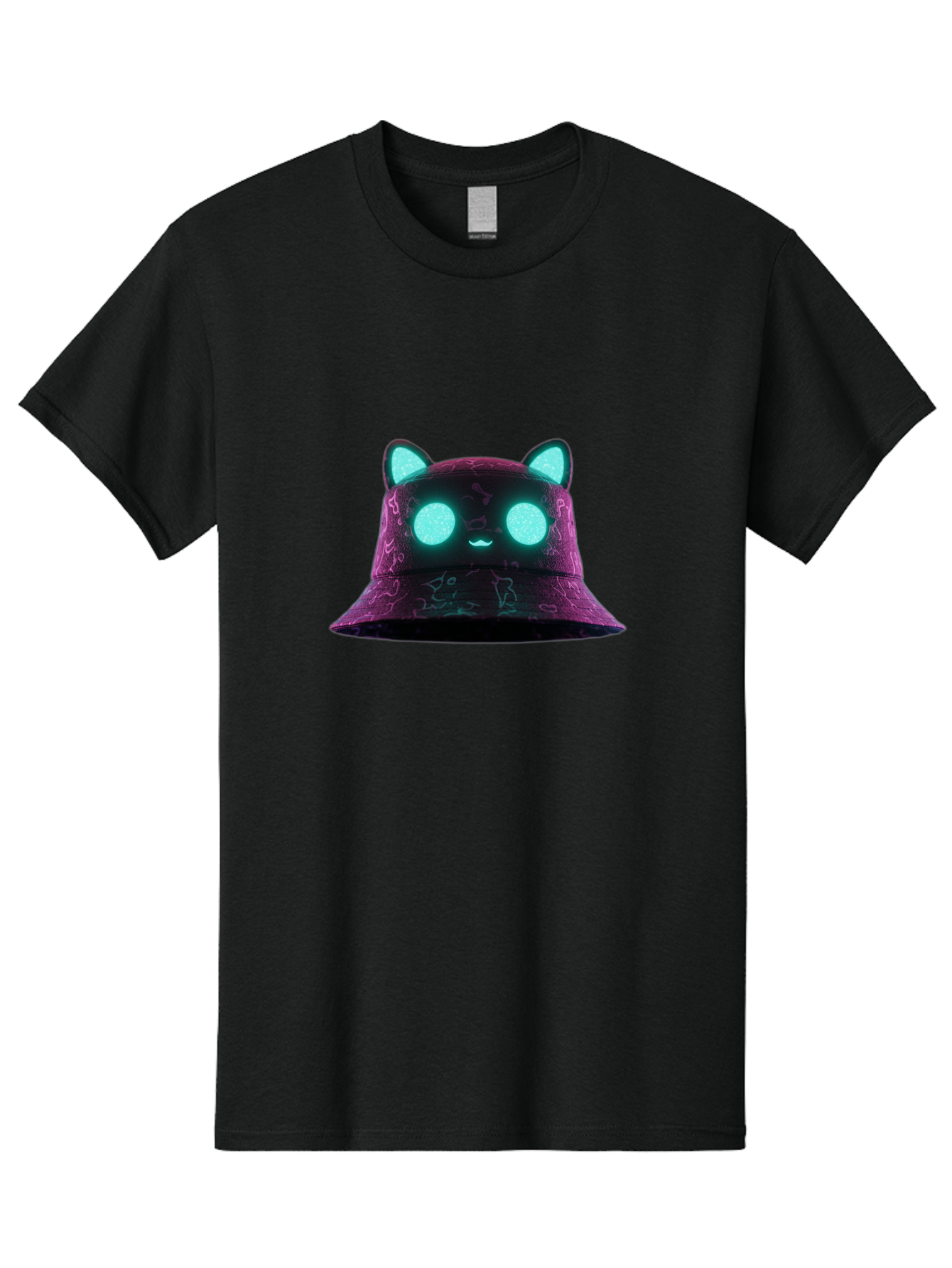 Purple-Bucket-Hat-2 Men'S Graphic Tee, 100% Cotton, Comfortable Casual Summer Wear, Machine Washable, Purple Bucket Hat, Cat Ears, Glowing Eyes, Cute Face, Cartoon Style, Fashion Accessory, Streetwear, Trendy Hat Bad460