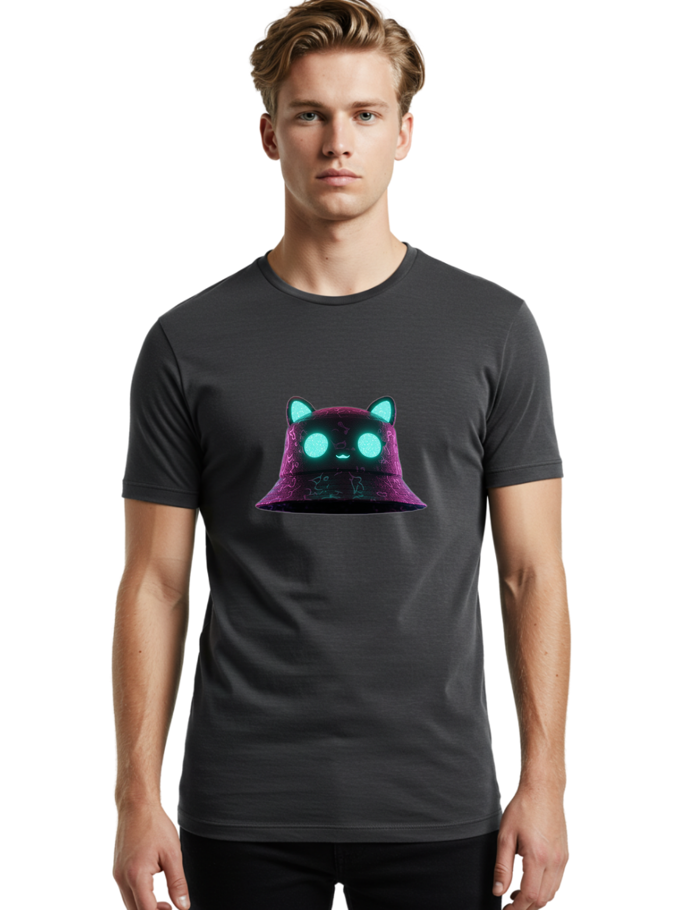 Purple-Bucket-Hat-2 Men'S Graphic Tee, 100% Cotton, Comfortable Casual Summer Wear, Machine Washable, Purple Bucket Hat, Cat Ears, Glowing Eyes, Cute Face, Cartoon Style, Fashion Accessory, Streetwear, Trendy Hat Bad460