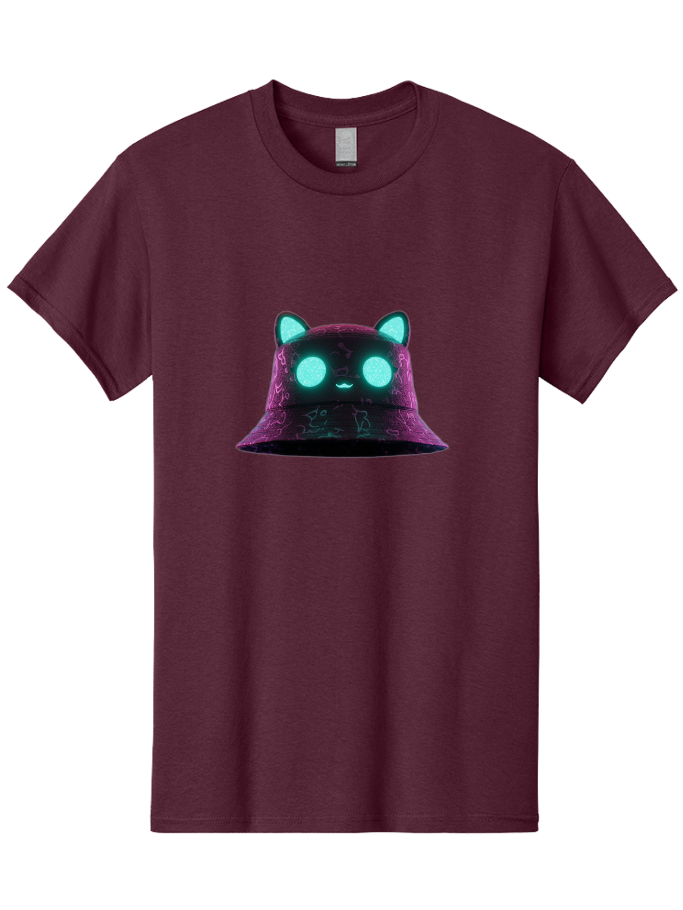 Purple-Bucket-Hat-2 Men'S Graphic Tee, 100% Cotton, Comfortable Casual Summer Wear, Machine Washable, Purple Bucket Hat, Cat Ears, Glowing Eyes, Cute Face, Cartoon Style, Fashion Accessory, Streetwear, Trendy Hat Bad460
