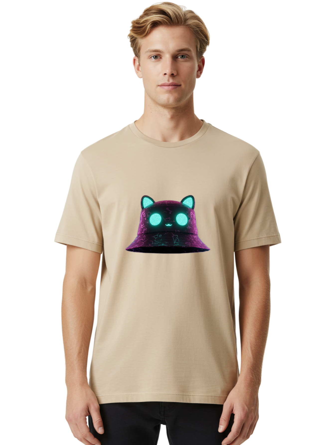 Purple-Bucket-Hat-2 Men'S Graphic Tee, 100% Cotton, Comfortable Casual Summer Wear, Machine Washable, Purple Bucket Hat, Cat Ears, Glowing Eyes, Cute Face, Cartoon Style, Fashion Accessory, Streetwear, Trendy Hat Bad460