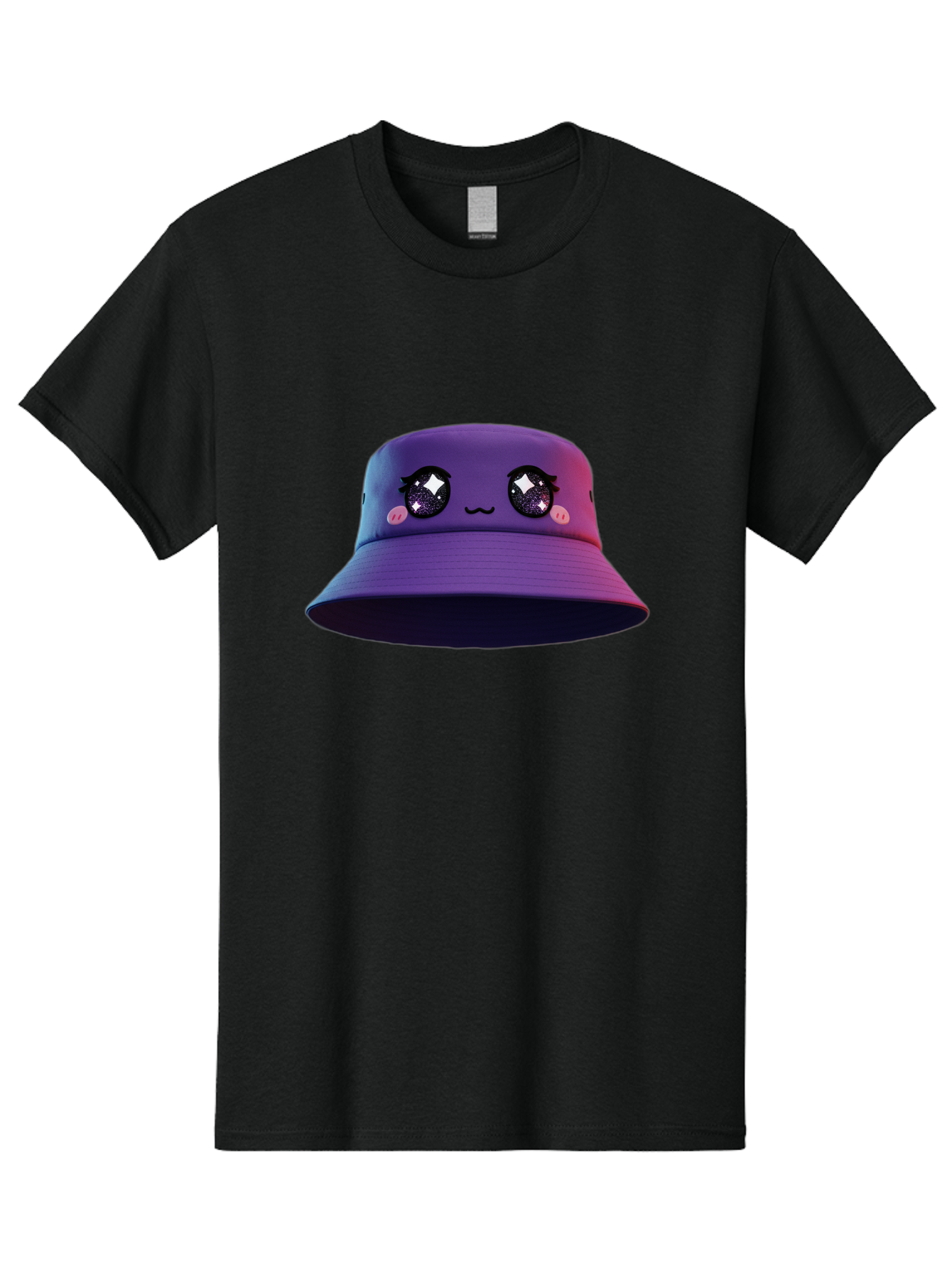Purple-Bucket-Hat Men'S Graphic Tee, 100% Cotton, Comfortable Casual Summer Wear, Machine Washable, Purple Bucket Hat, Cartoonish Face, Anime Style, Kawaii Fashion, Sparkly Eyes, Fashionable Accessory, Trendy Headwear, Youth Culture, Bad461