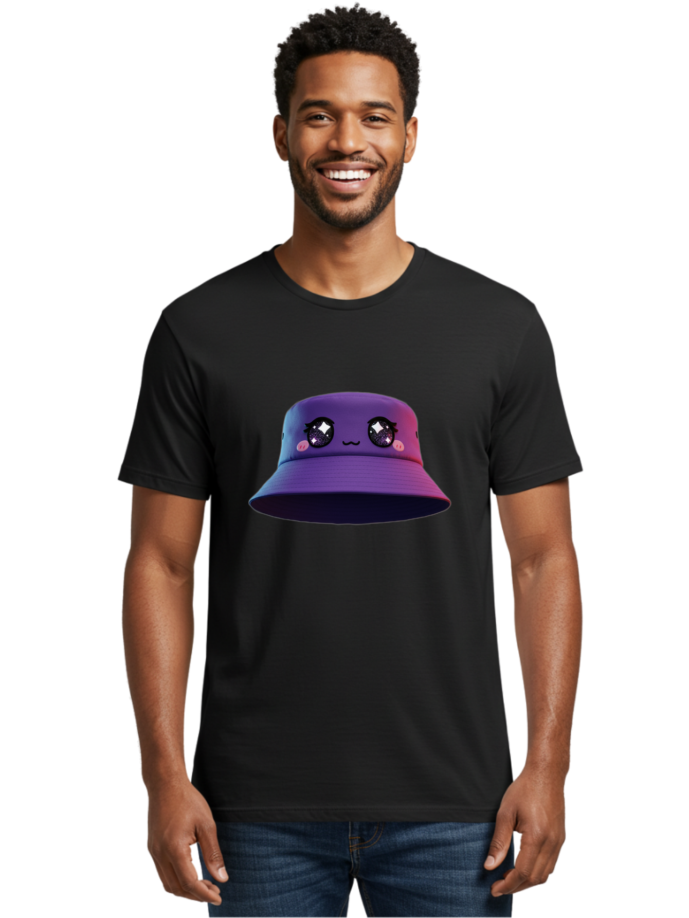 Purple-Bucket-Hat Men'S Graphic Tee, 100% Cotton, Comfortable Casual Summer Wear, Machine Washable, Purple Bucket Hat, Cartoonish Face, Anime Style, Kawaii Fashion, Sparkly Eyes, Fashionable Accessory, Trendy Headwear, Youth Culture, Bad461