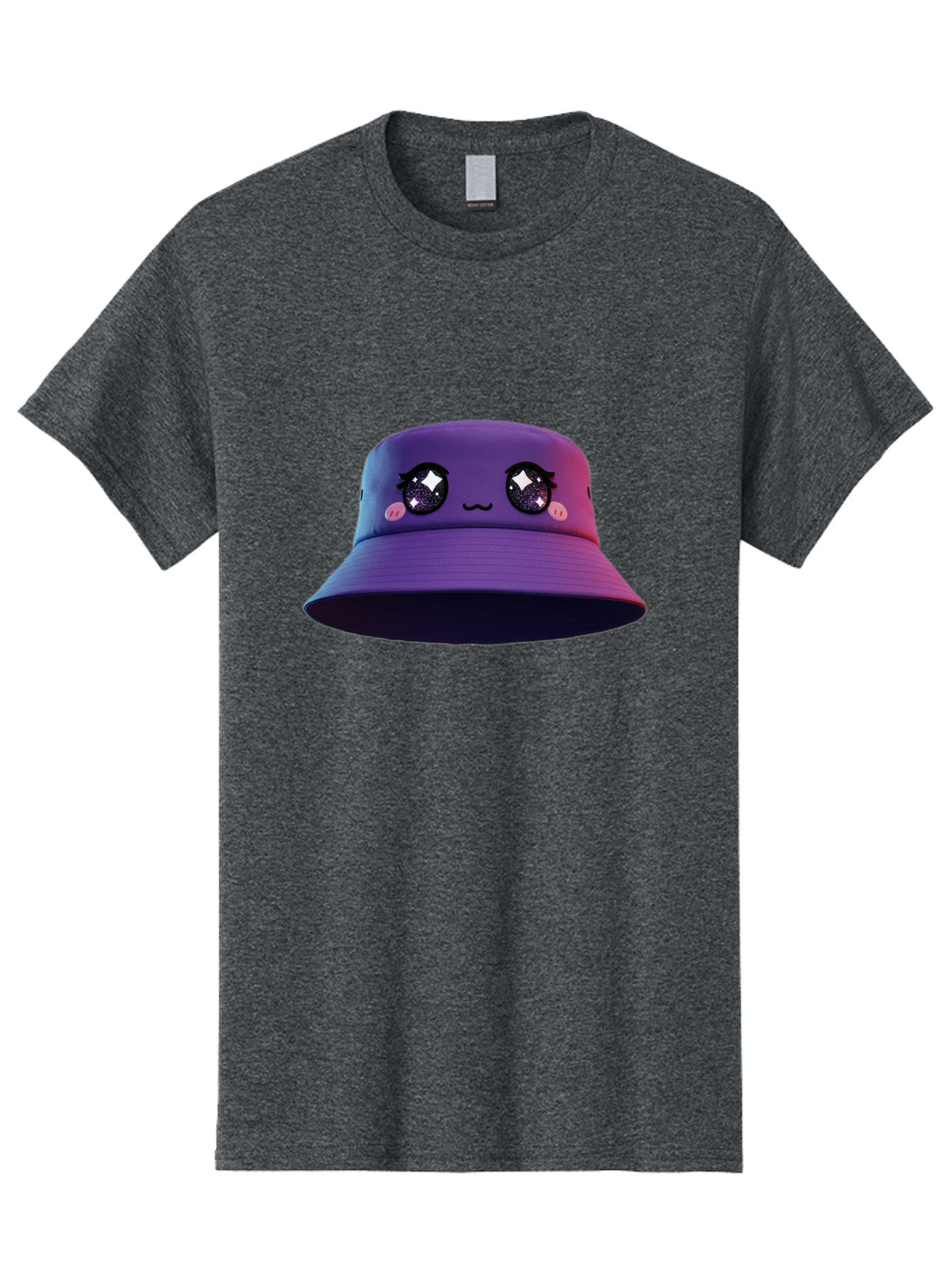 Purple-Bucket-Hat Men'S Graphic Tee, 100% Cotton, Comfortable Casual Summer Wear, Machine Washable, Purple Bucket Hat, Cartoonish Face, Anime Style, Kawaii Fashion, Sparkly Eyes, Fashionable Accessory, Trendy Headwear, Youth Culture, Bad461