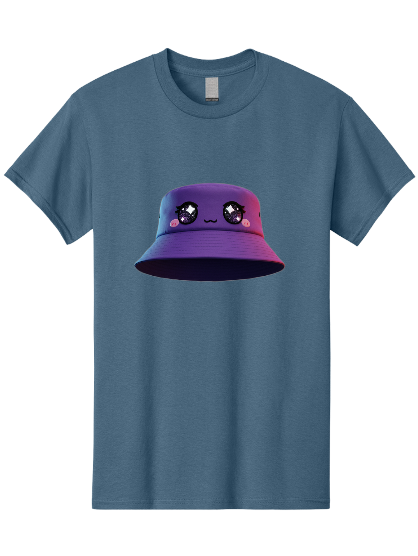 Purple-Bucket-Hat Men'S Graphic Tee, 100% Cotton, Comfortable Casual Summer Wear, Machine Washable, Purple Bucket Hat, Cartoonish Face, Anime Style, Kawaii Fashion, Sparkly Eyes, Fashionable Accessory, Trendy Headwear, Youth Culture, Bad461