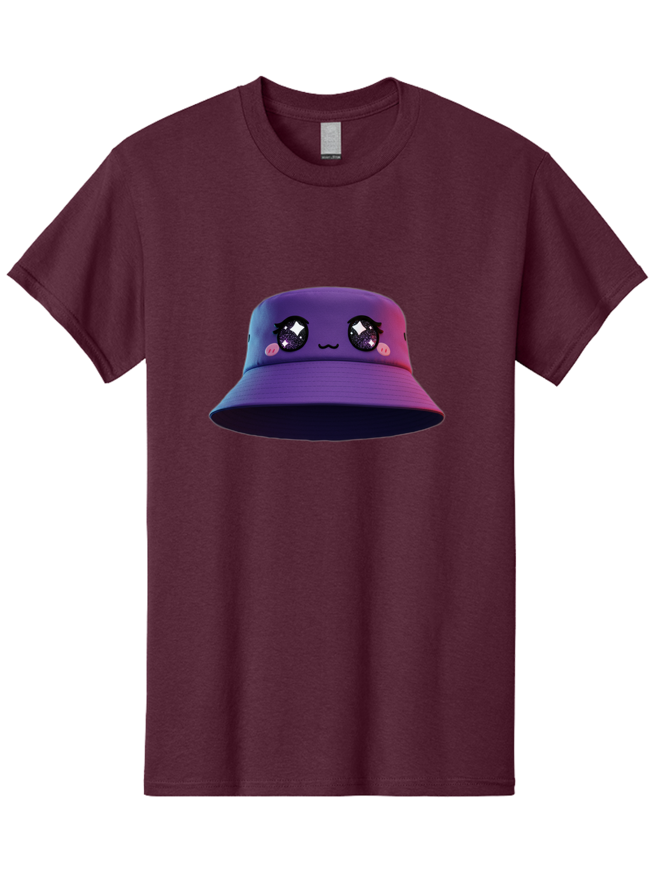 Purple-Bucket-Hat Men'S Graphic Tee, 100% Cotton, Comfortable Casual Summer Wear, Machine Washable, Purple Bucket Hat, Cartoonish Face, Anime Style, Kawaii Fashion, Sparkly Eyes, Fashionable Accessory, Trendy Headwear, Youth Culture, Bad461