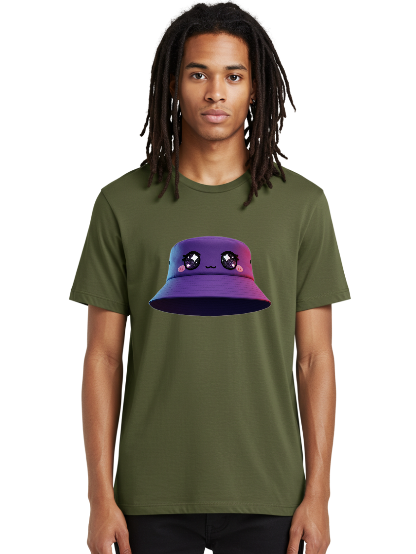 Purple-Bucket-Hat Men'S Graphic Tee, 100% Cotton, Comfortable Casual Summer Wear, Machine Washable, Purple Bucket Hat, Cartoonish Face, Anime Style, Kawaii Fashion, Sparkly Eyes, Fashionable Accessory, Trendy Headwear, Youth Culture, Bad461