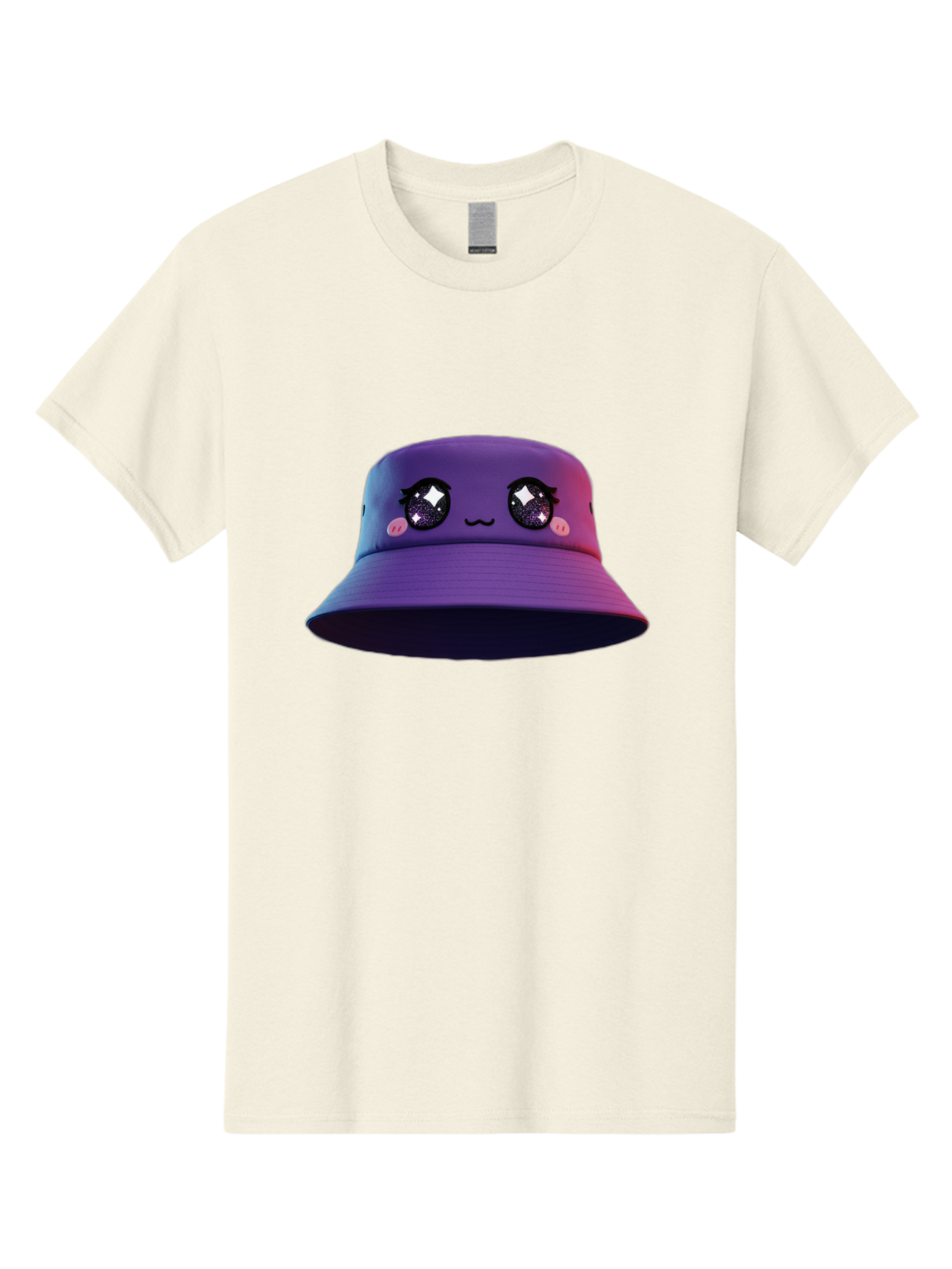 Purple-Bucket-Hat Men'S Graphic Tee, 100% Cotton, Comfortable Casual Summer Wear, Machine Washable, Purple Bucket Hat, Cartoonish Face, Anime Style, Kawaii Fashion, Sparkly Eyes, Fashionable Accessory, Trendy Headwear, Youth Culture, Bad461