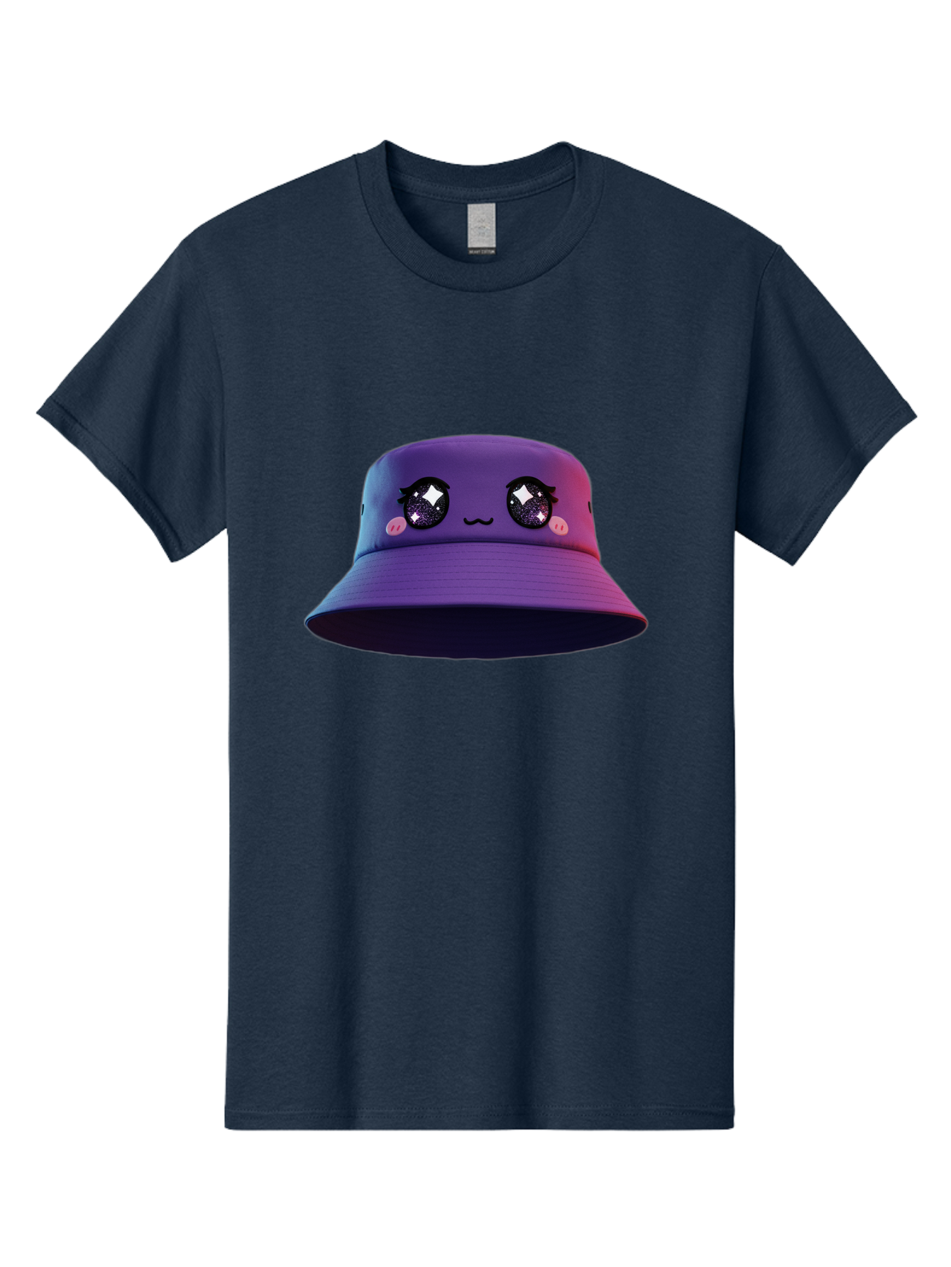 Purple-Bucket-Hat Men'S Graphic Tee, 100% Cotton, Comfortable Casual Summer Wear, Machine Washable, Purple Bucket Hat, Cartoonish Face, Anime Style, Kawaii Fashion, Sparkly Eyes, Fashionable Accessory, Trendy Headwear, Youth Culture, Bad461